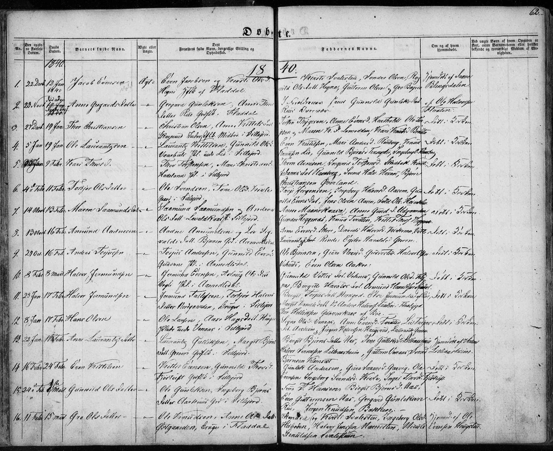 Seljord kirkebøker, SAKO/A-20/F/Fa/L0011: Parish register (official) no. I 11, 1831-1849, p. 62