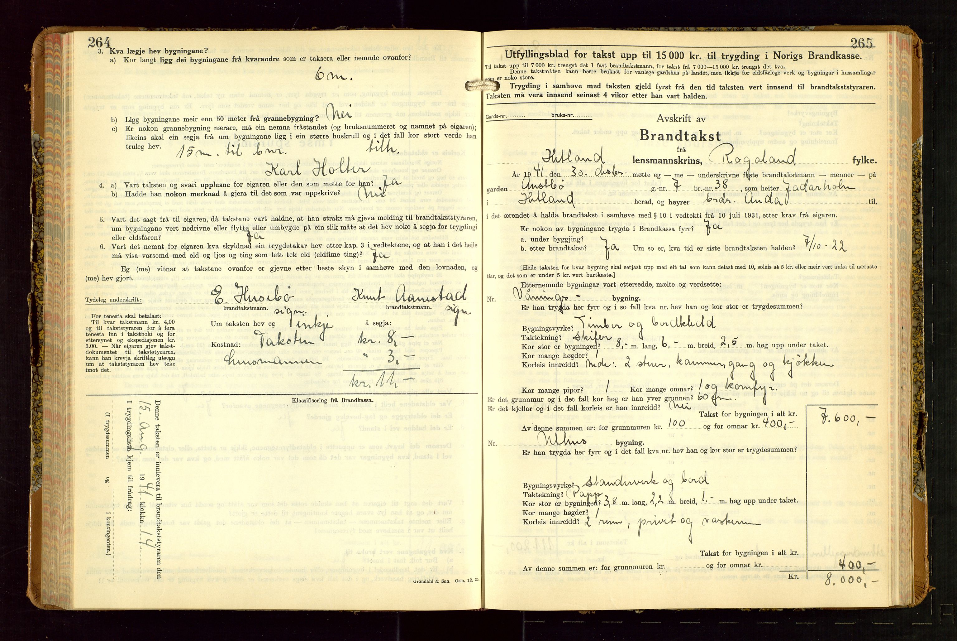 Hetland lensmannskontor, AV/SAST-A-100101/Gob/L0007: "Brandtakstbok", 1939-1949, p. 264-265