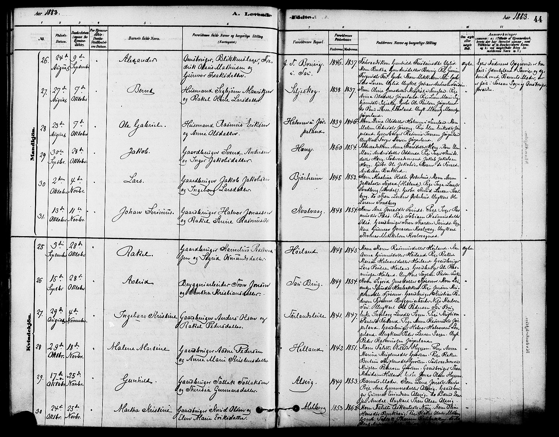 Strand sokneprestkontor, AV/SAST-A-101828/H/Ha/Haa/L0009: Parish register (official) no. A 9, 1877-1908, p. 44