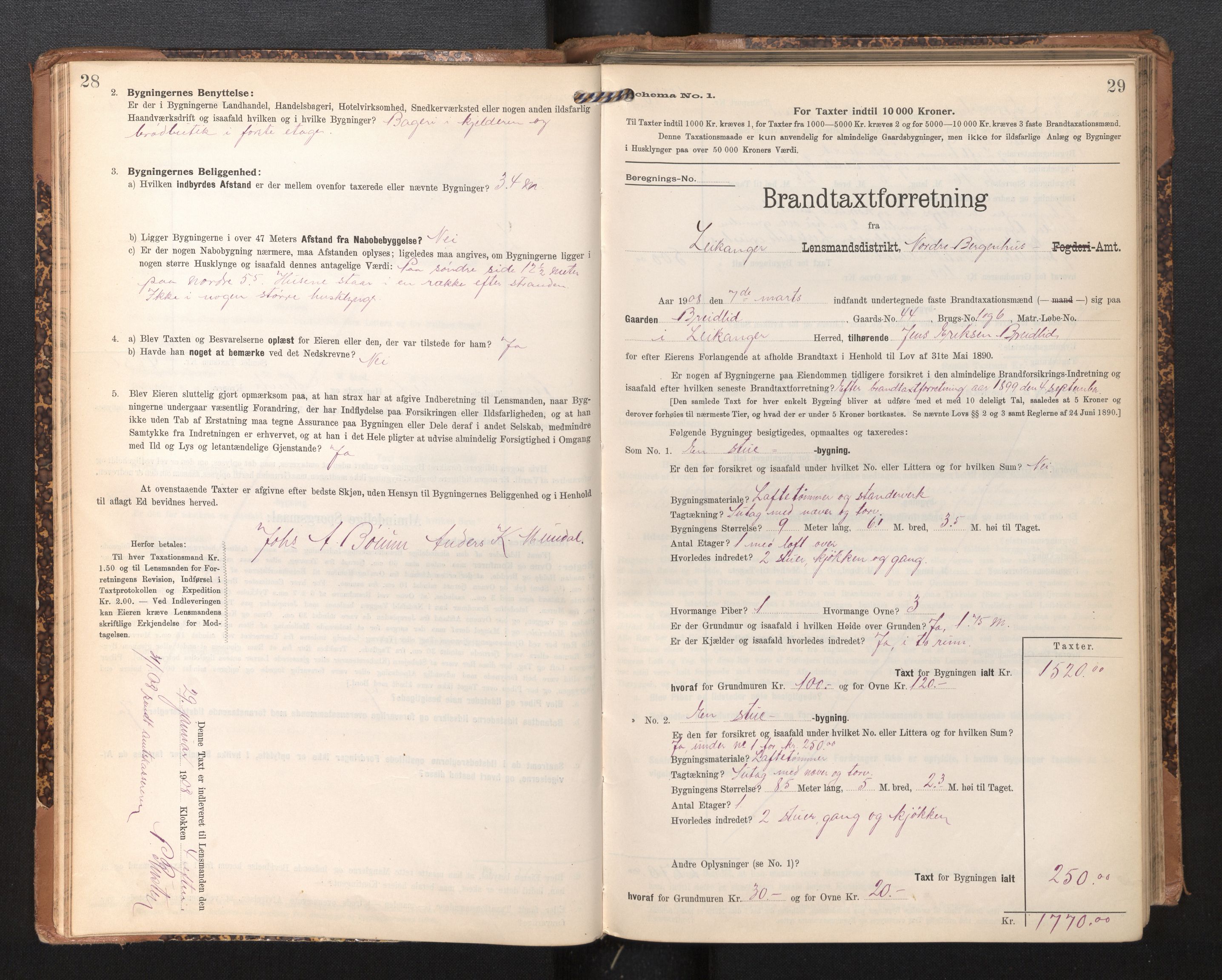 Lensmannen i Leikanger, AV/SAB-A-29201/0012/L0005: Branntakstprotokoll, skjematakst, 1907-1917, p. 28-29