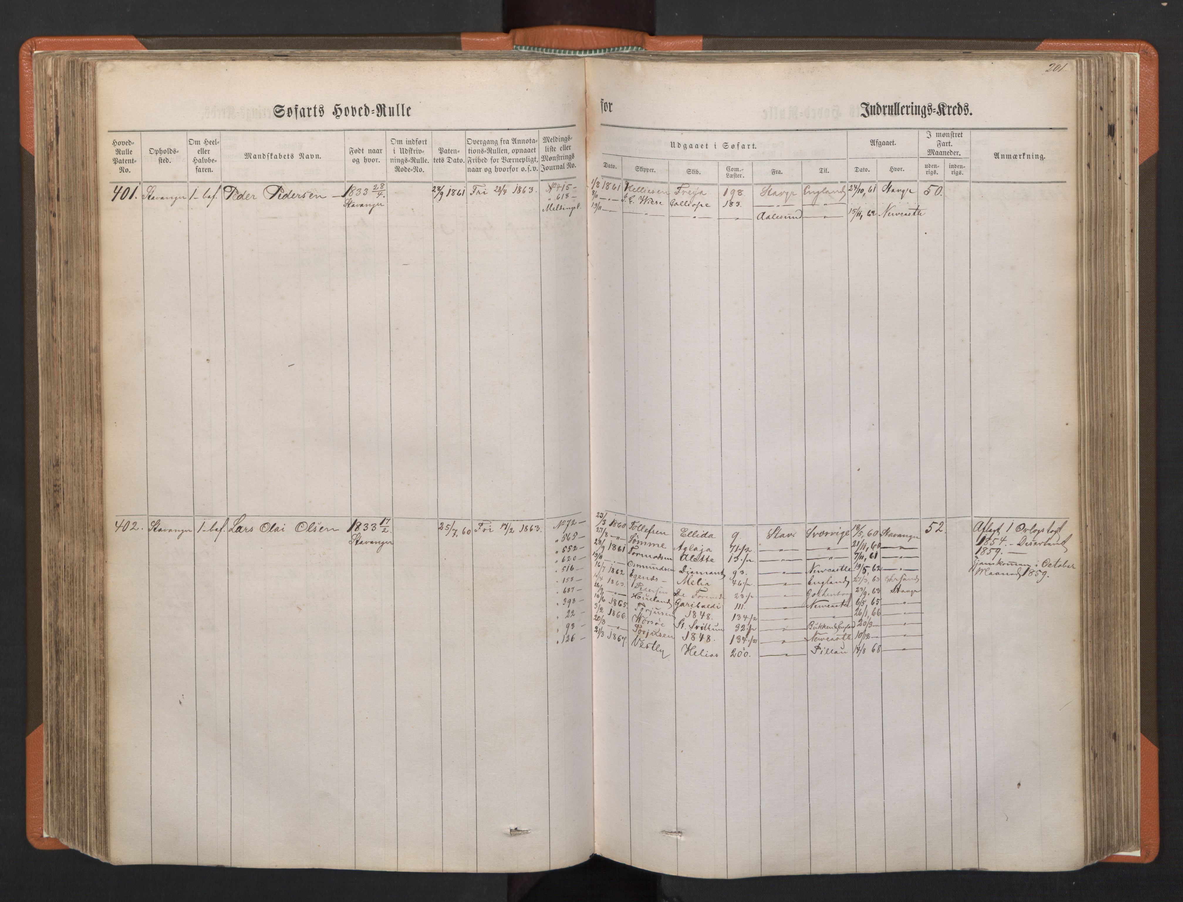 Stavanger sjømannskontor, AV/SAST-A-102006/F/Fb/Fbb/L0001: Sjøfartshovedrulle, patentnr. 1-720 (del 1), 1860-1863, p. 205