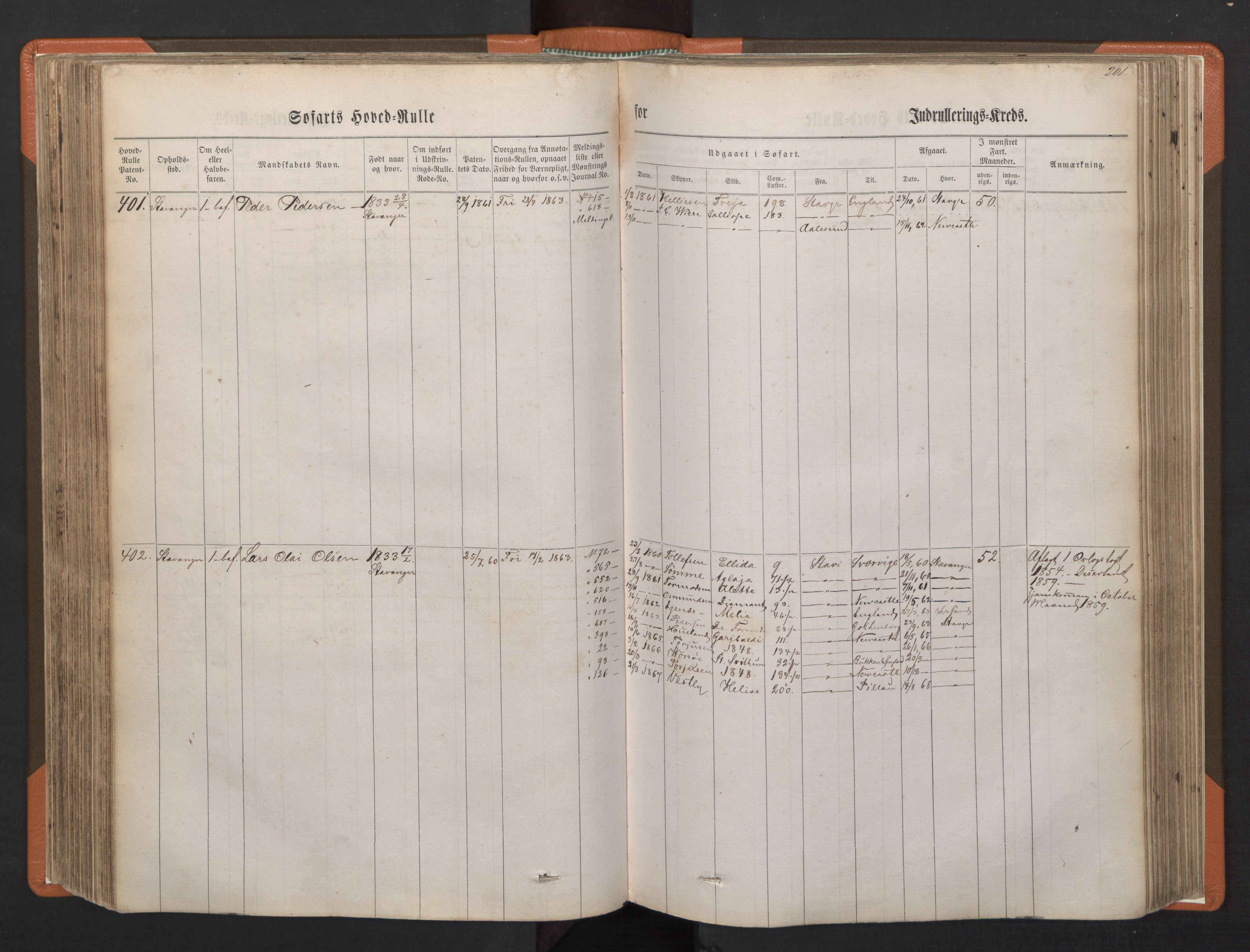 Stavanger sjømannskontor, SAST/A-102006/F/Fb/Fbb/L0001: Sjøfartshovedrulle, patentnr. 1-720 (del 1), 1860-1863, p. 205