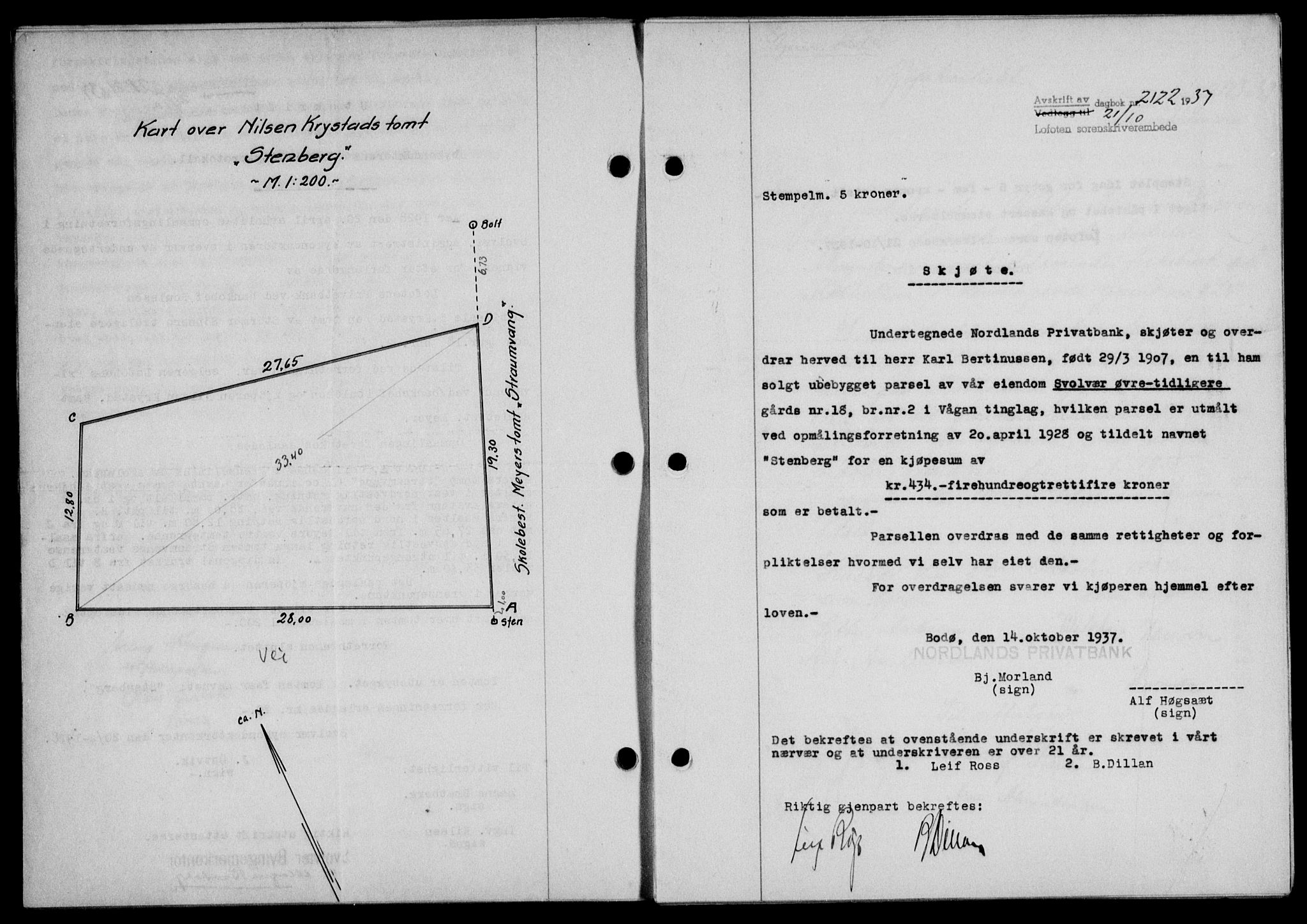 Lofoten sorenskriveri, SAT/A-0017/1/2/2C/L0003a: Mortgage book no. 3a, 1937-1938, Diary no: : 2122/1937