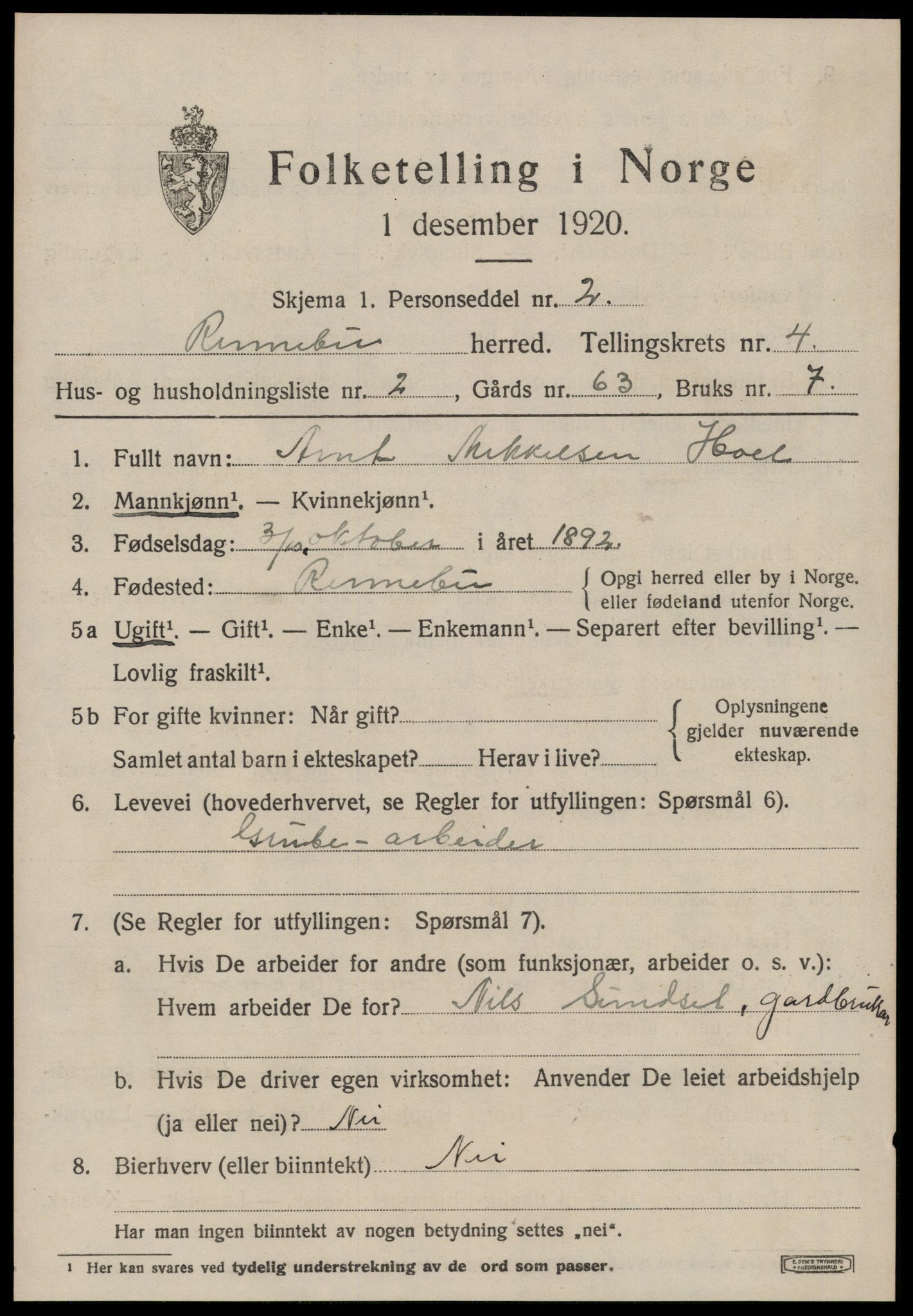 SAT, 1920 census for Rennebu, 1920, p. 2538