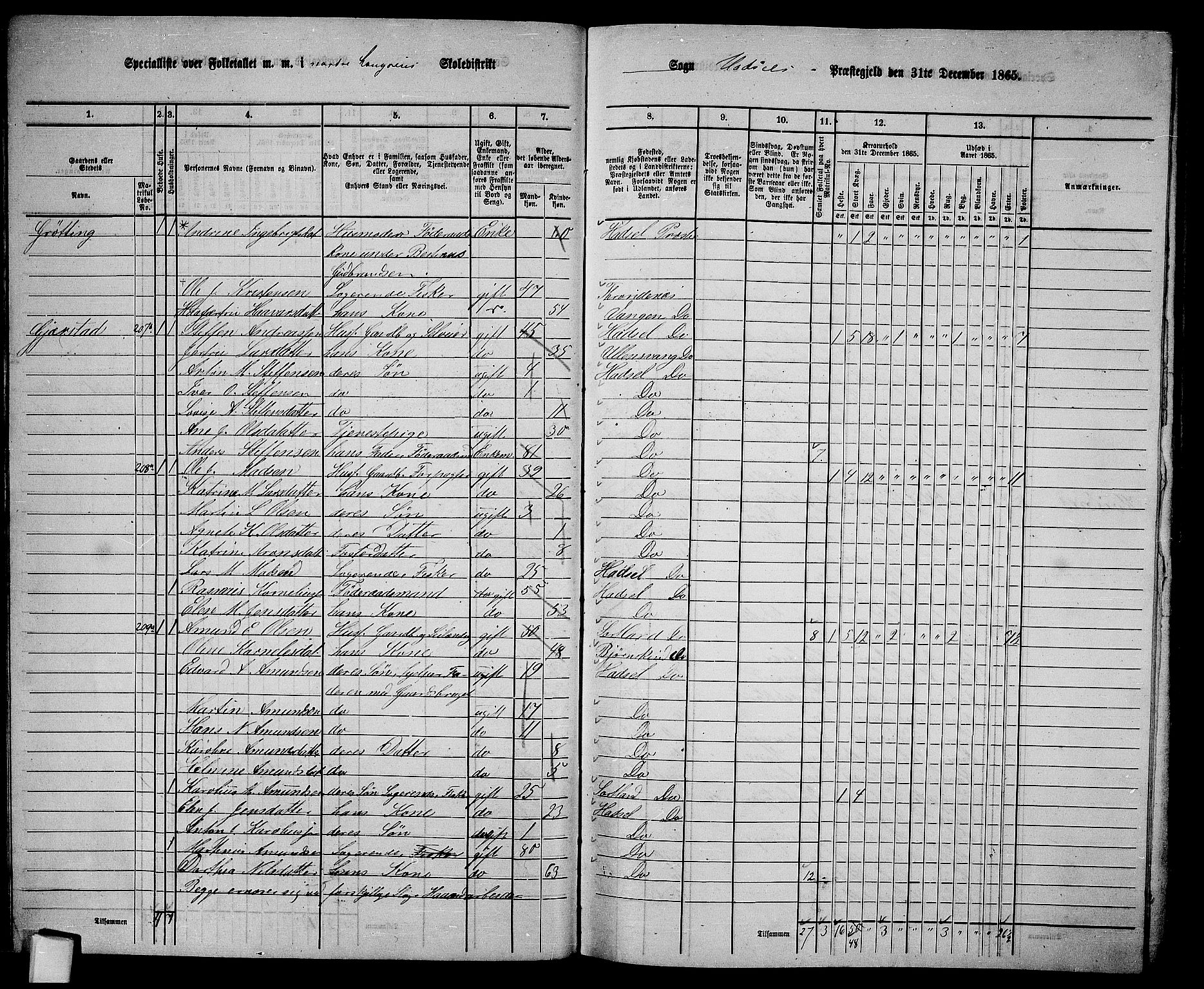 RA, 1865 census for Hadsel, 1865, p. 27