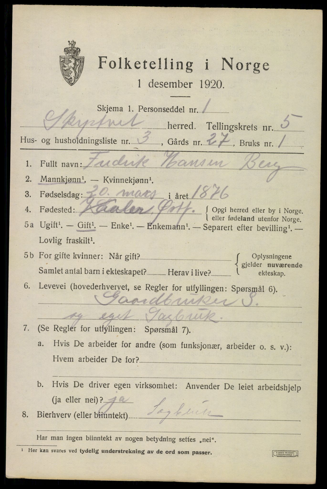 SAO, 1920 census for Skiptvet, 1920, p. 5207