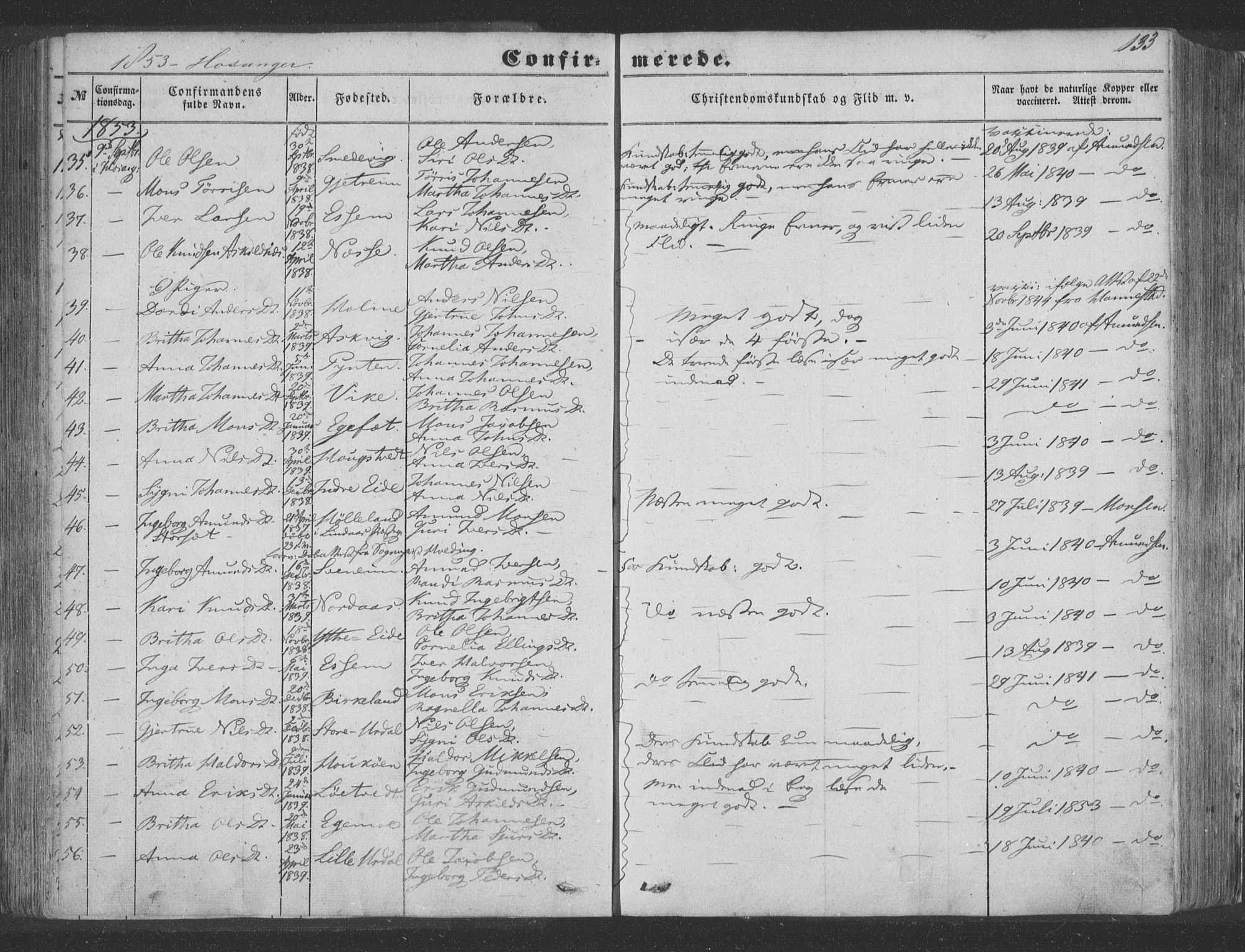 Hosanger sokneprestembete, SAB/A-75801/H/Haa: Parish register (official) no. A 8, 1849-1863, p. 133