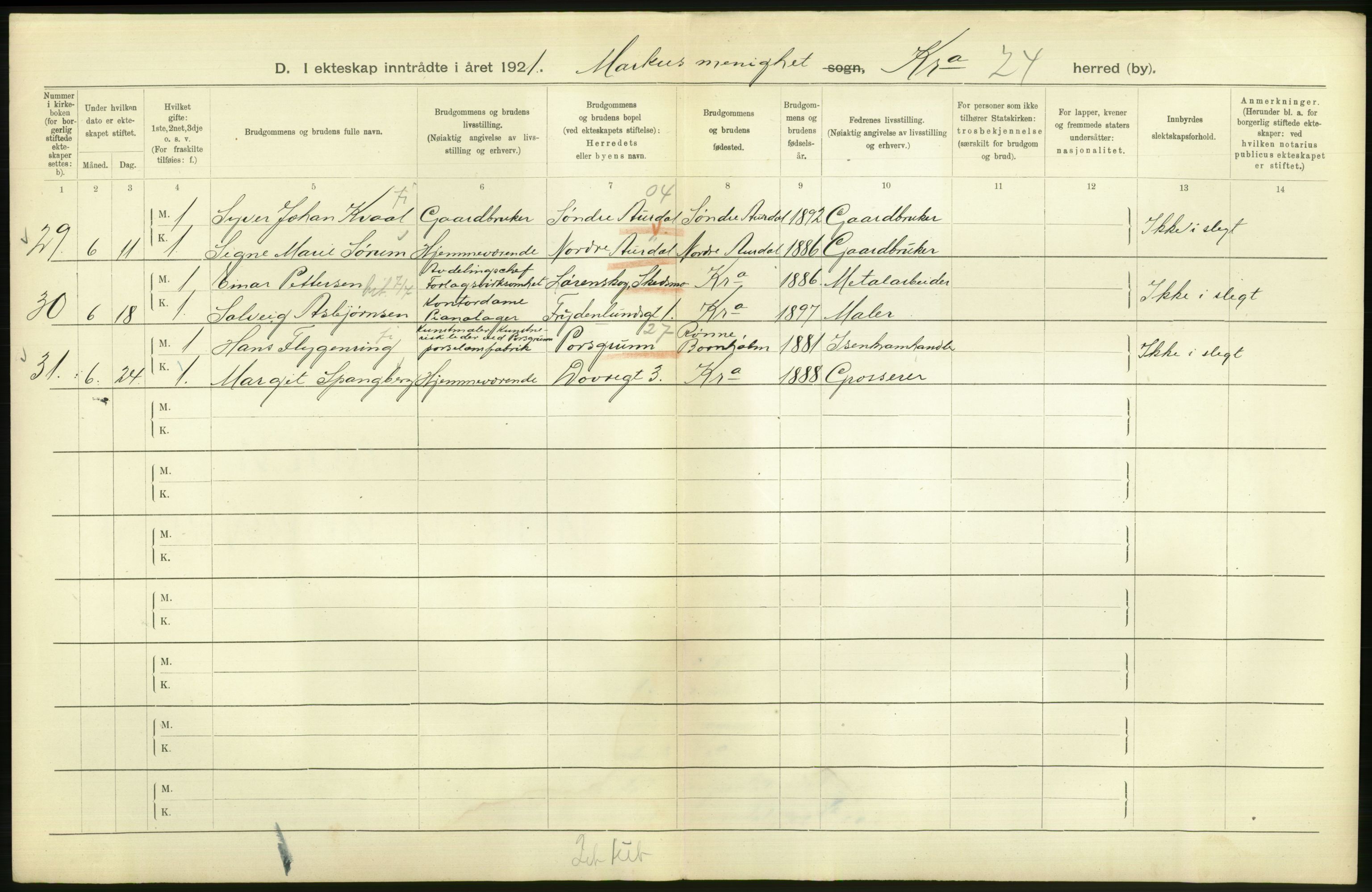 Statistisk sentralbyrå, Sosiodemografiske emner, Befolkning, AV/RA-S-2228/D/Df/Dfc/Dfca/L0011: Kristiania: Gifte, 1921, p. 358