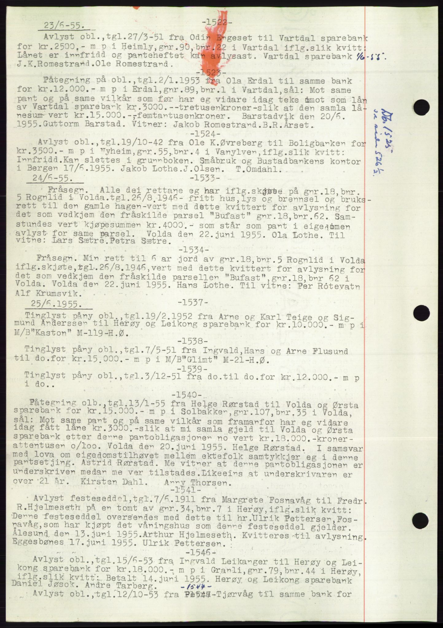 Søre Sunnmøre sorenskriveri, AV/SAT-A-4122/1/2/2C/L0072: Mortgage book no. 66, 1941-1955, Diary no: : 1522/1955