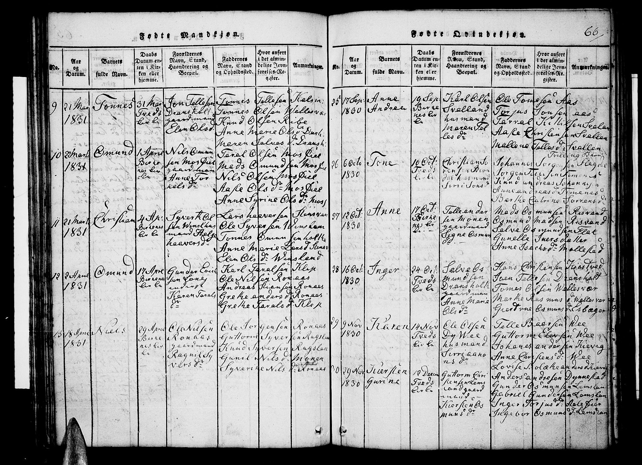 Tveit sokneprestkontor, SAK/1111-0043/F/Fb/L0001: Parish register (copy) no. B 1, 1820-1834, p. 66