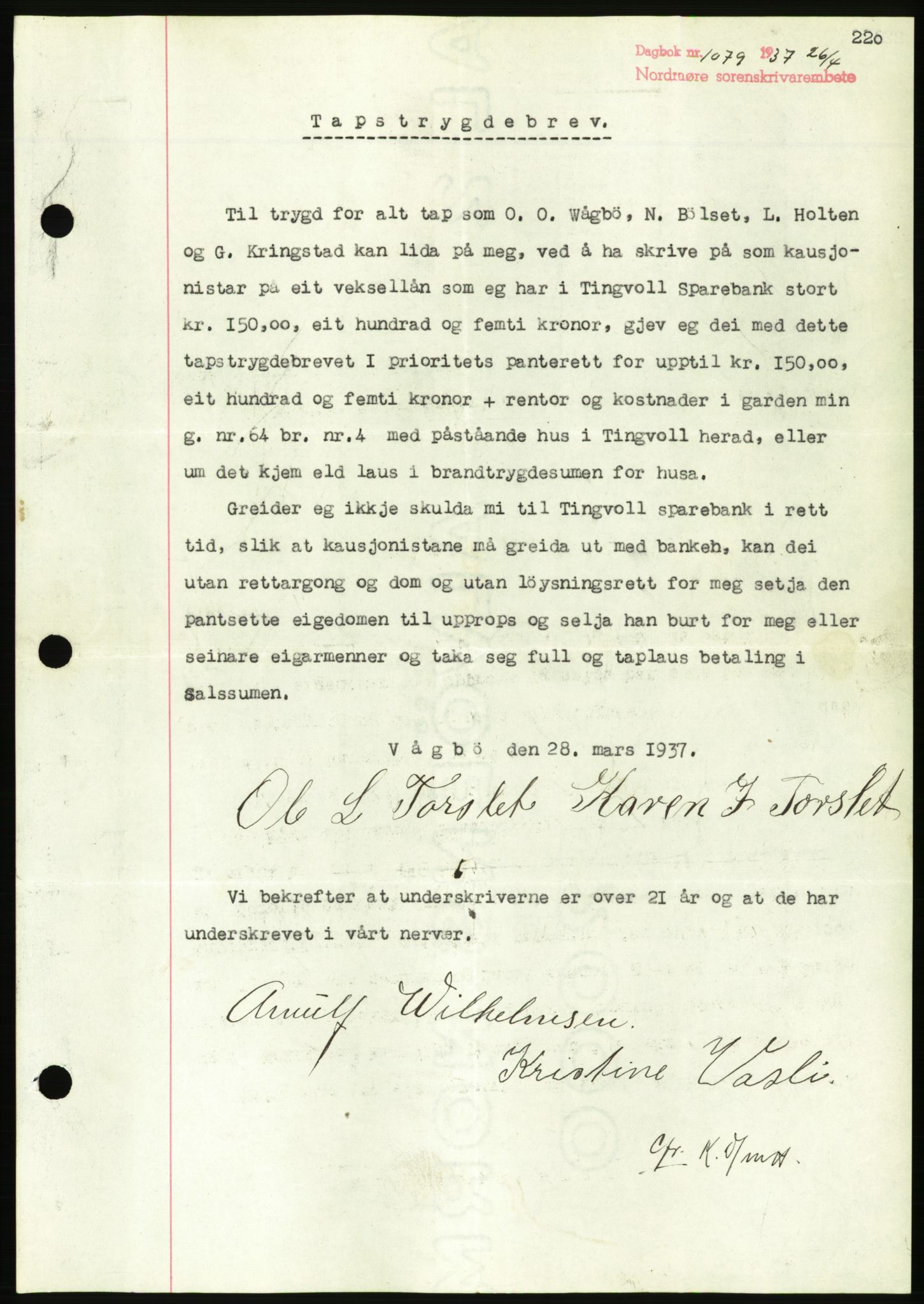 Nordmøre sorenskriveri, AV/SAT-A-4132/1/2/2Ca/L0091: Mortgage book no. B81, 1937-1937, Diary no: : 1079/1937