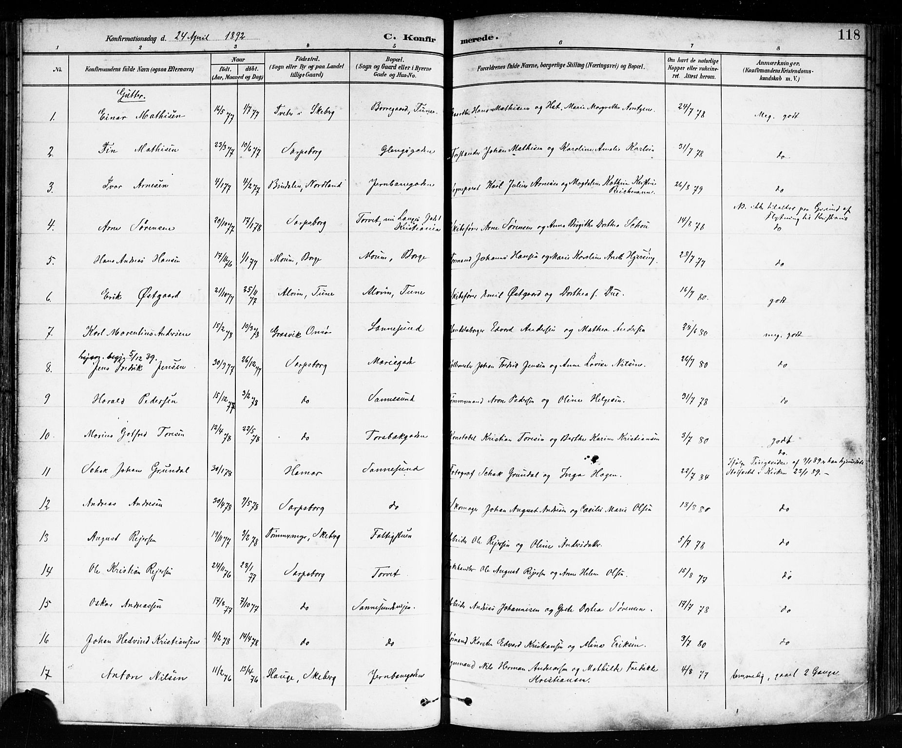 Sarpsborg prestekontor Kirkebøker, AV/SAO-A-2006/F/Fa/L0004: Parish register (official) no. 4, 1892-1899, p. 118