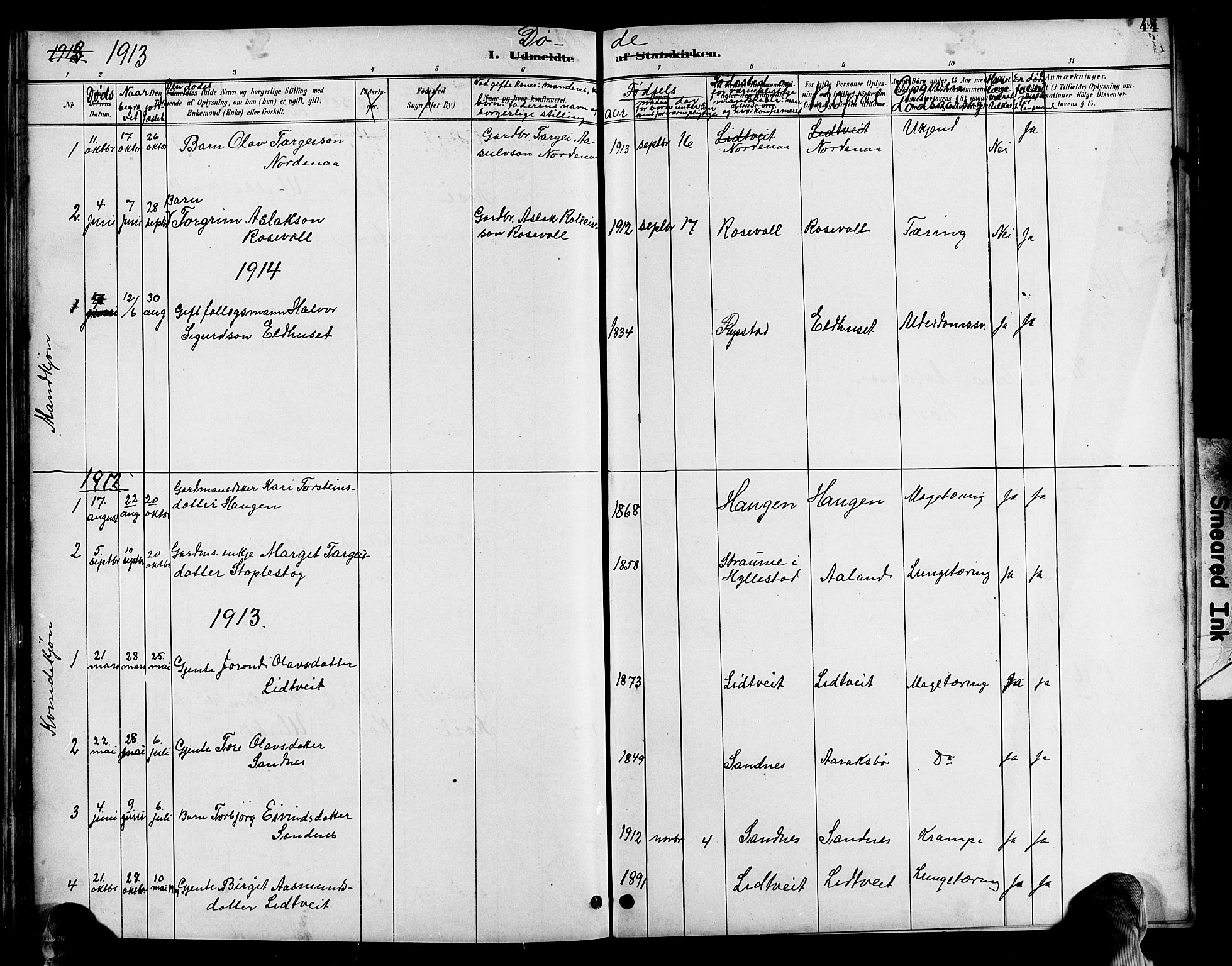 Bygland sokneprestkontor, AV/SAK-1111-0006/F/Fb/Fbc/L0002: Parish register (copy) no. B 2, 1895-1916, p. 44