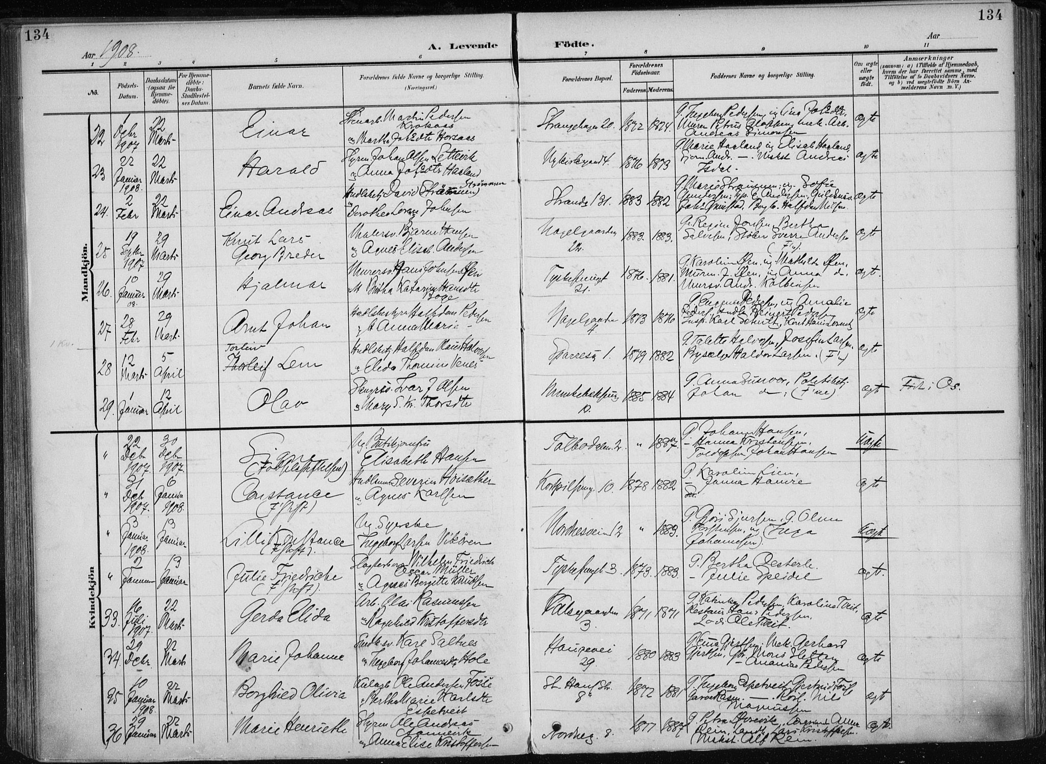 Nykirken Sokneprestembete, AV/SAB-A-77101/H/Haa/L0019: Parish register (official) no. B 7, 1904-1916, p. 134