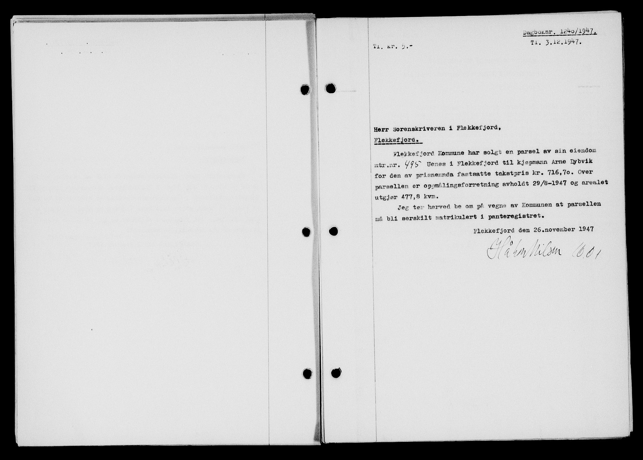 Flekkefjord sorenskriveri, SAK/1221-0001/G/Gb/Gba/L0063: Mortgage book no. A-11, 1947-1948, Diary no: : 1240/1947