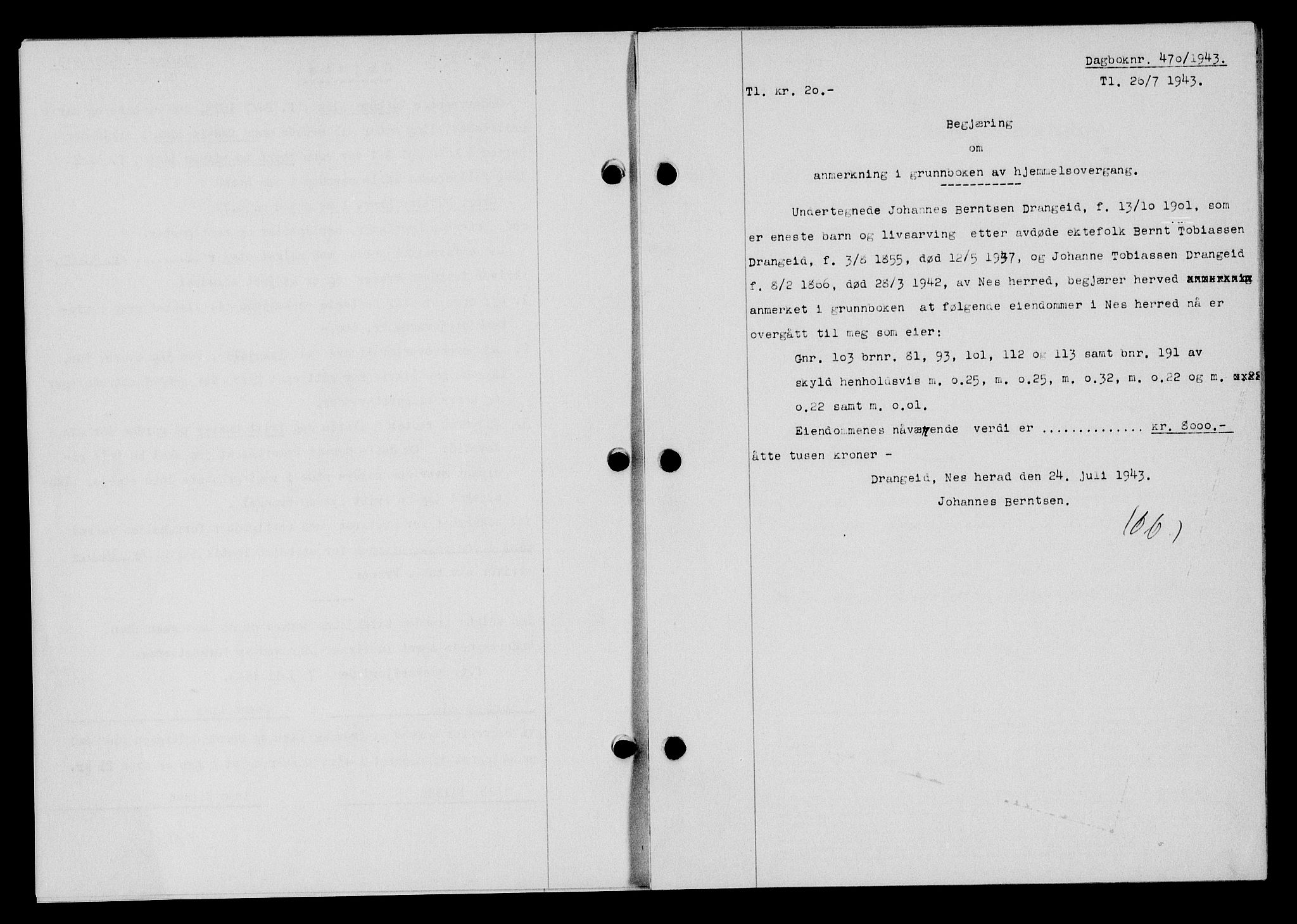 Flekkefjord sorenskriveri, SAK/1221-0001/G/Gb/Gba/L0058: Mortgage book no. A-6, 1942-1944, Diary no: : 470/1943