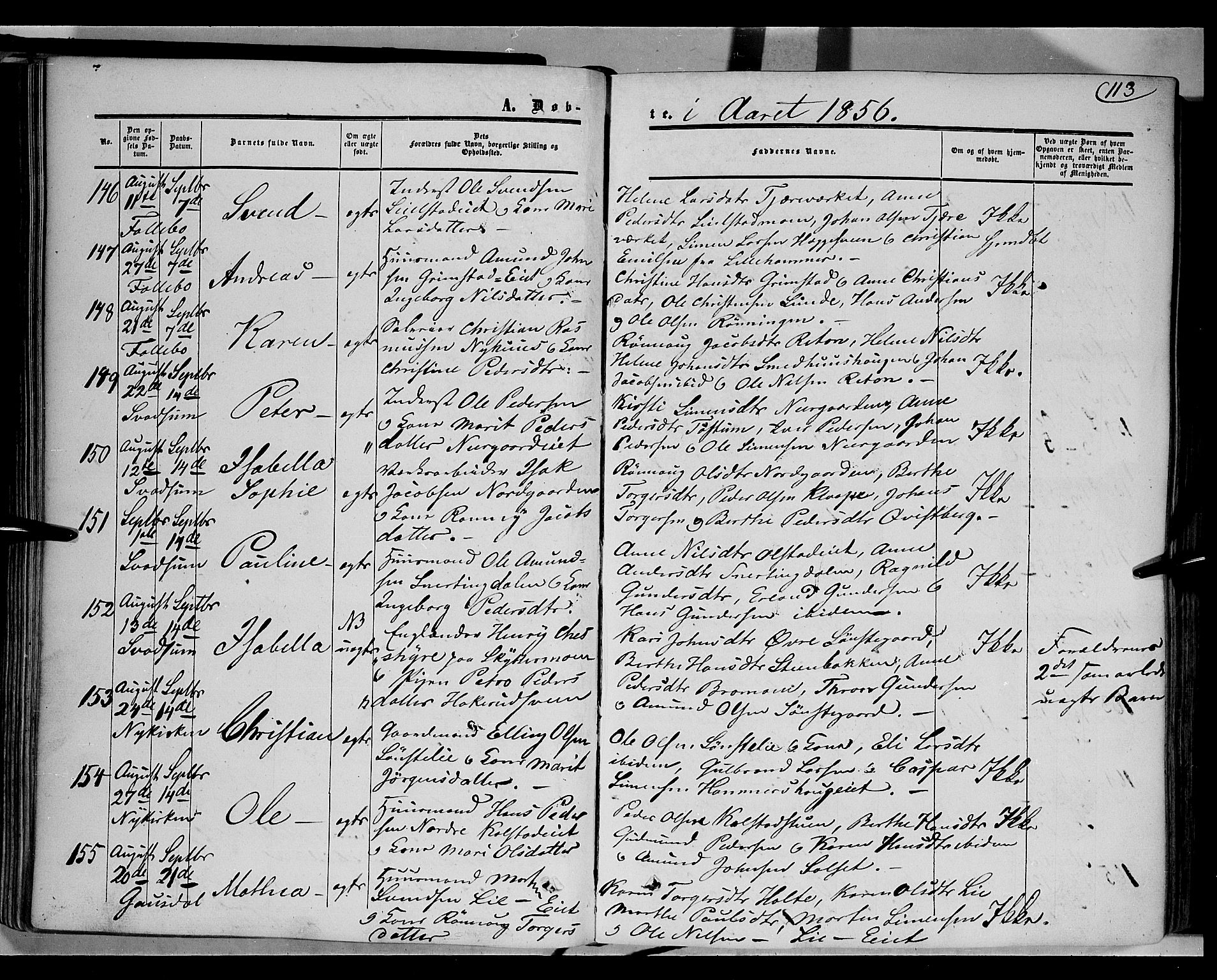 Gausdal prestekontor, SAH/PREST-090/H/Ha/Haa/L0008: Parish register (official) no. 8, 1850-1861, p. 113