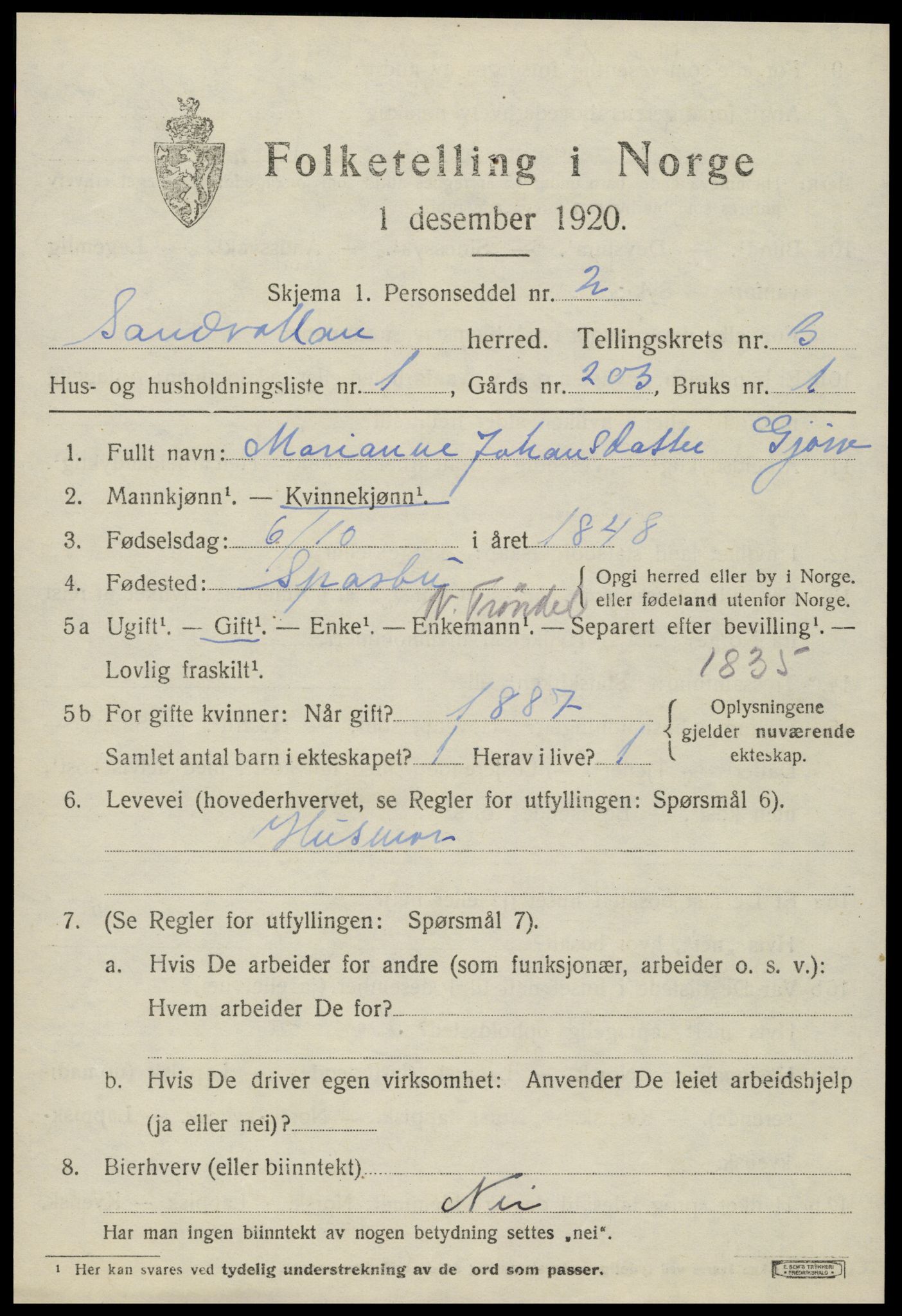 SAT, 1920 census for Sandvollan, 1920, p. 1105