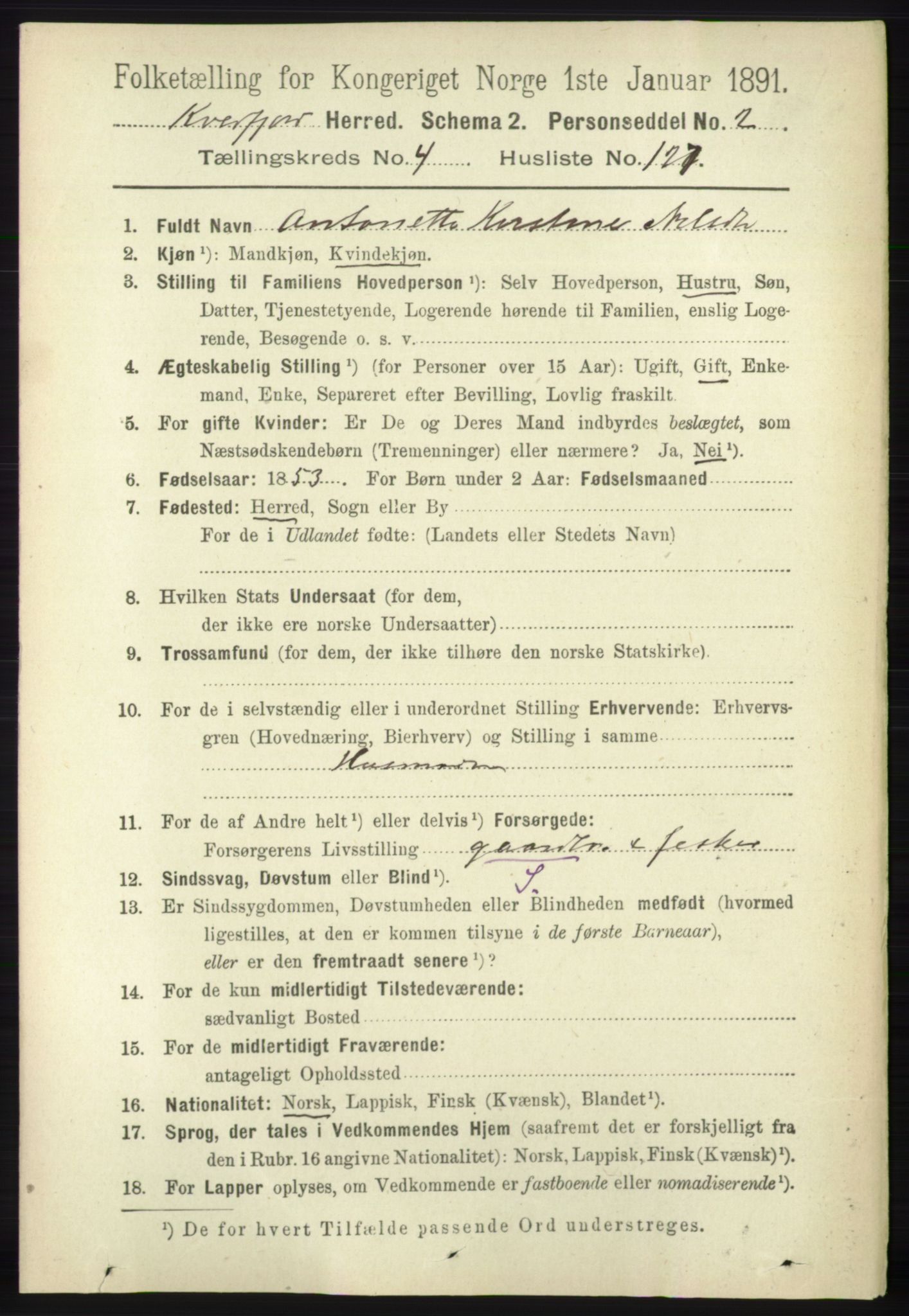 RA, 1891 census for 1911 Kvæfjord, 1891, p. 2695