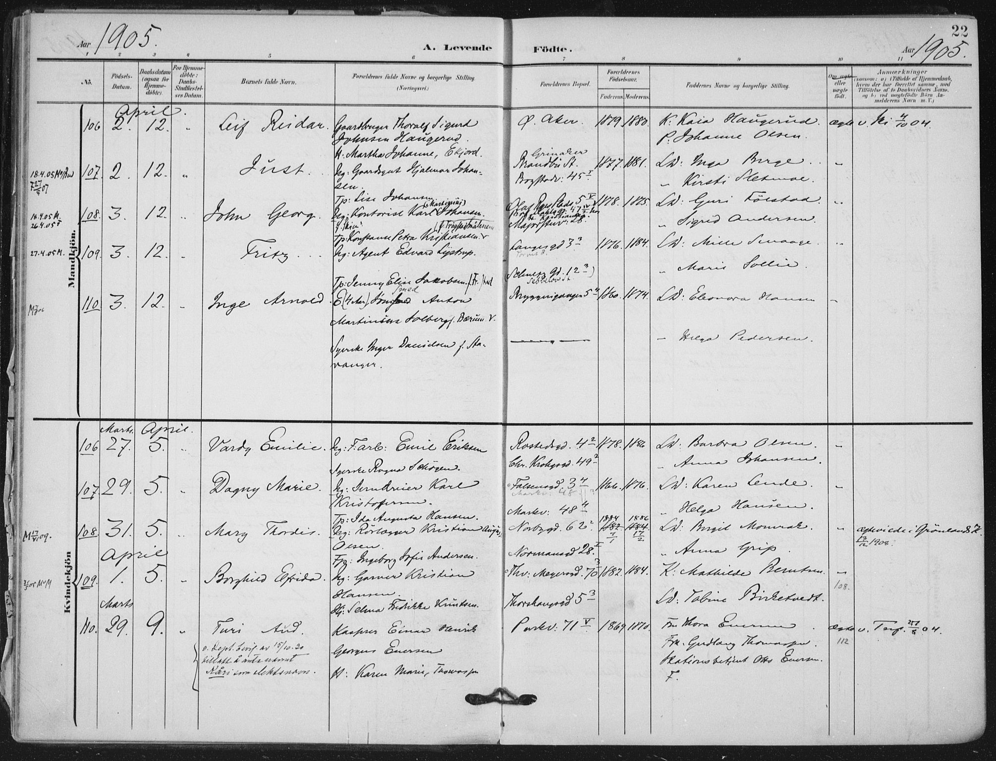 Rikshospitalet prestekontor Kirkebøker, SAO/A-10309b/F/L0013: Parish register (official) no. 13, 1905-1908, p. 22