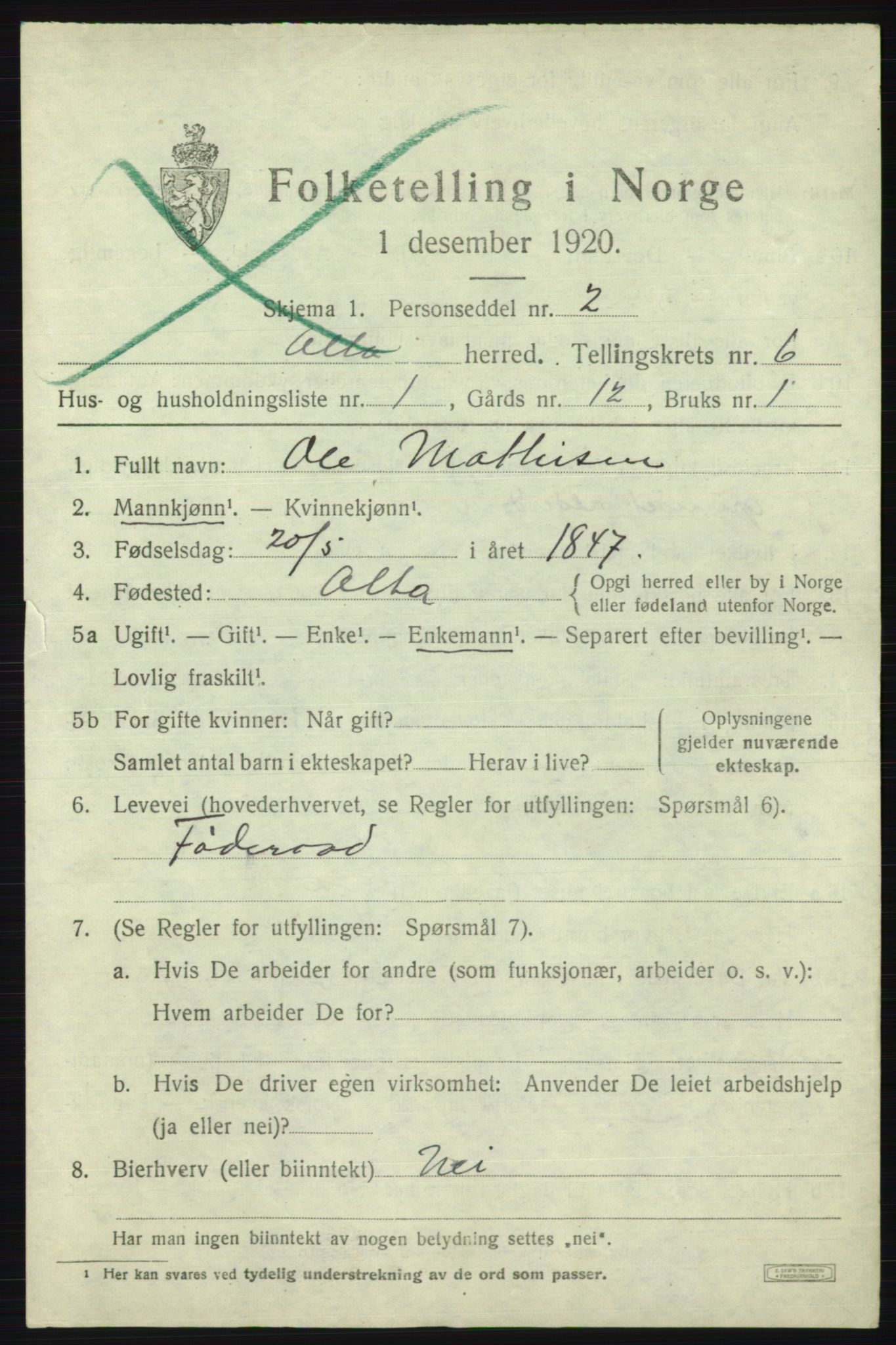 SATØ, 1920 census for Alta, 1920, p. 3887