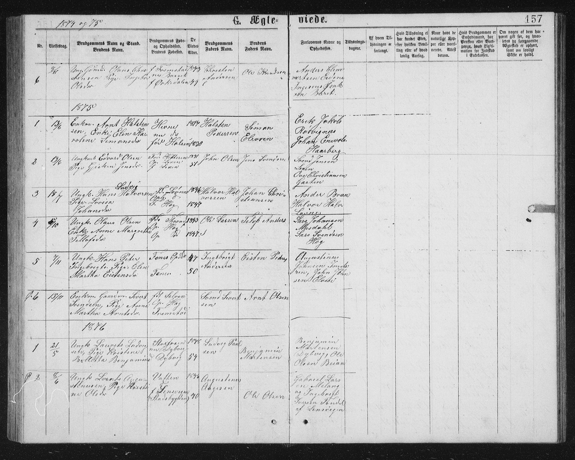 Ministerialprotokoller, klokkerbøker og fødselsregistre - Sør-Trøndelag, AV/SAT-A-1456/662/L0756: Parish register (copy) no. 662C01, 1869-1891, p. 157