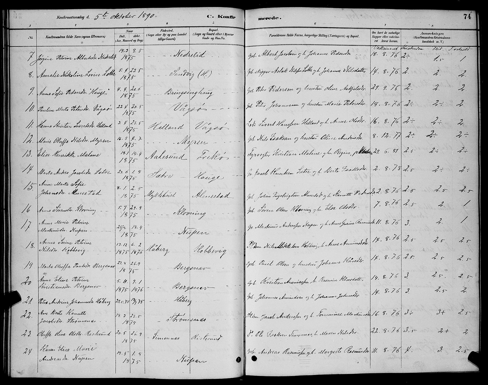 Ministerialprotokoller, klokkerbøker og fødselsregistre - Møre og Romsdal, AV/SAT-A-1454/503/L0048: Parish register (copy) no. 503C03, 1885-1893, p. 74