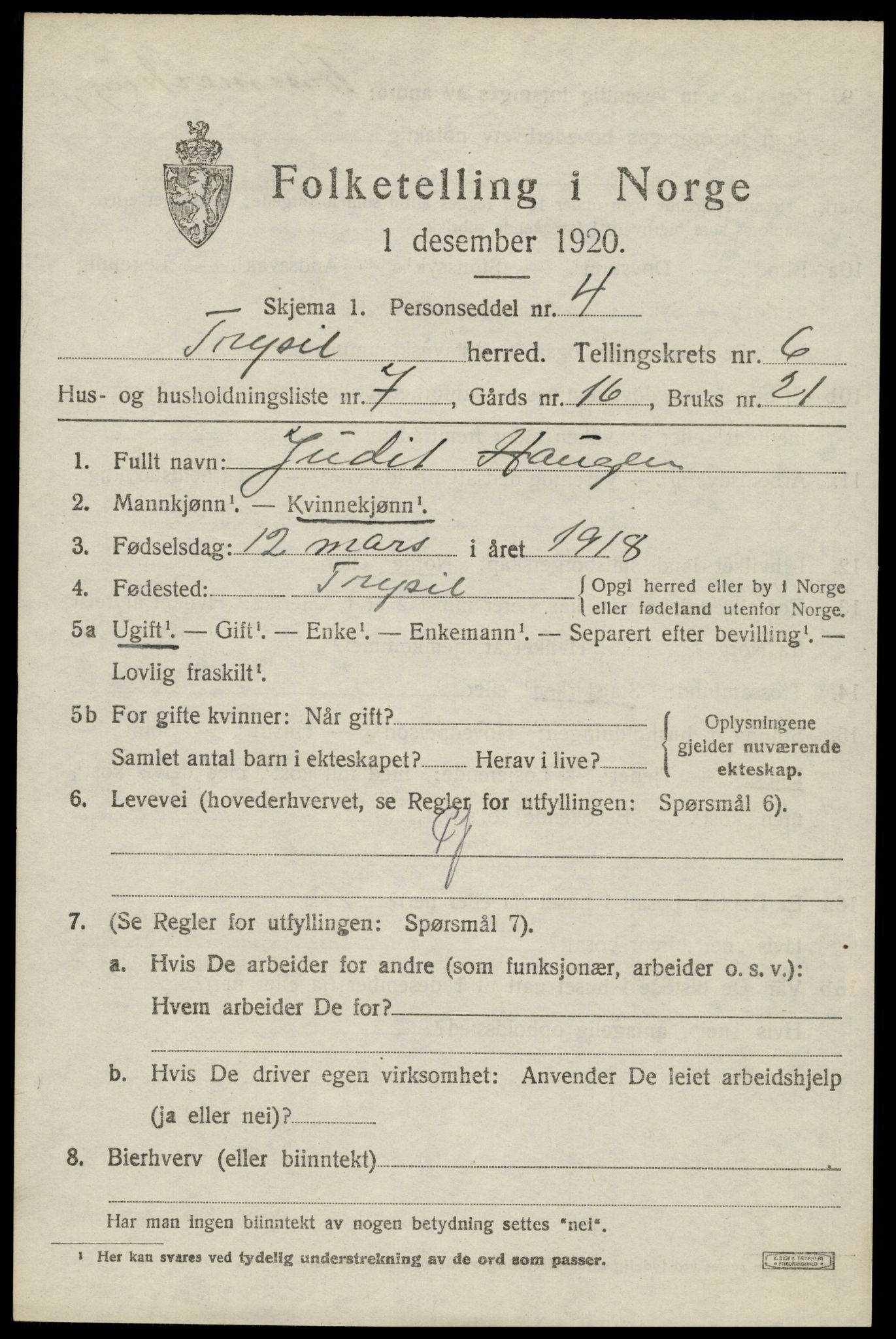 SAH, 1920 census for Trysil, 1920, p. 4607