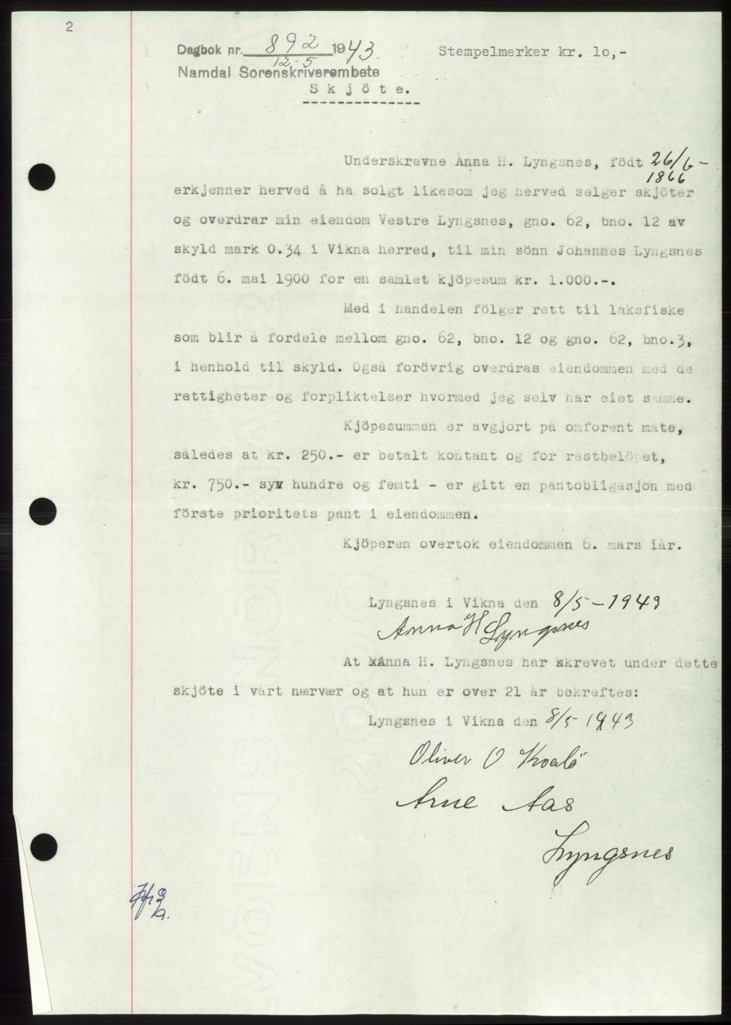 Namdal sorenskriveri, AV/SAT-A-4133/1/2/2C: Mortgage book no. -, 1943-1944, Diary no: : 892/1943