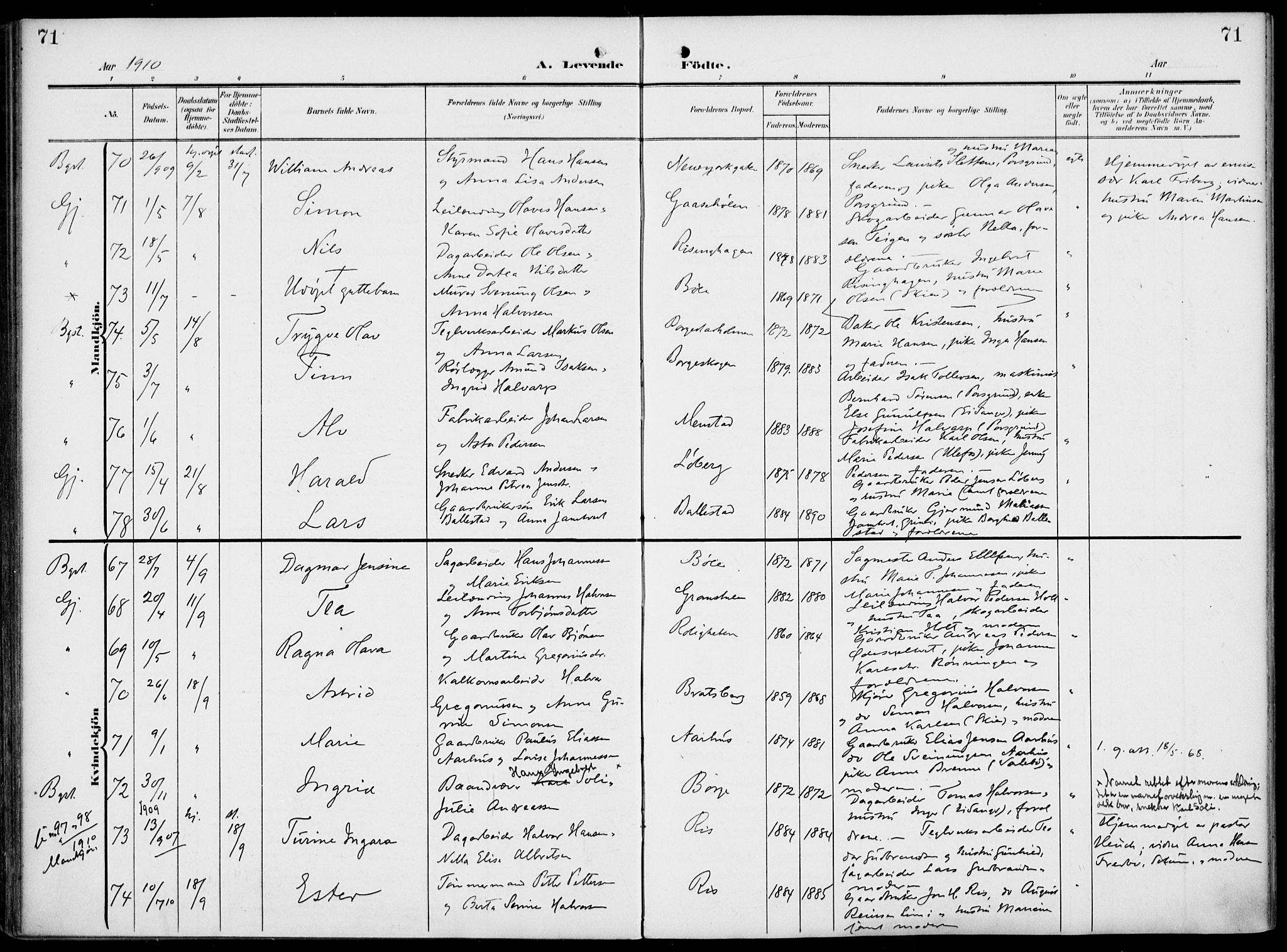 Gjerpen kirkebøker, AV/SAKO-A-265/F/Fa/L0012: Parish register (official) no. I 12, 1905-1913, p. 71