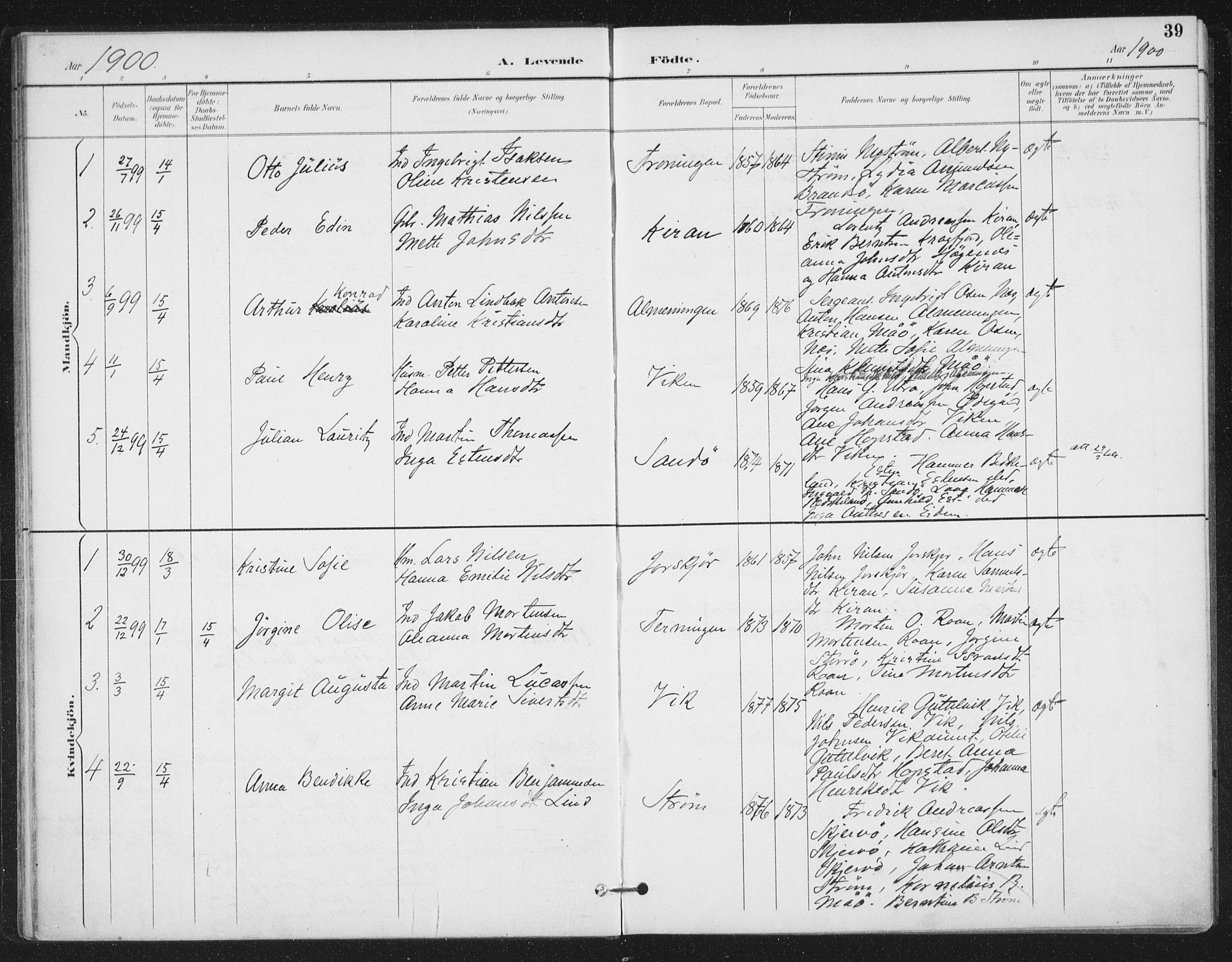 Ministerialprotokoller, klokkerbøker og fødselsregistre - Sør-Trøndelag, SAT/A-1456/657/L0708: Parish register (official) no. 657A09, 1894-1904, p. 39