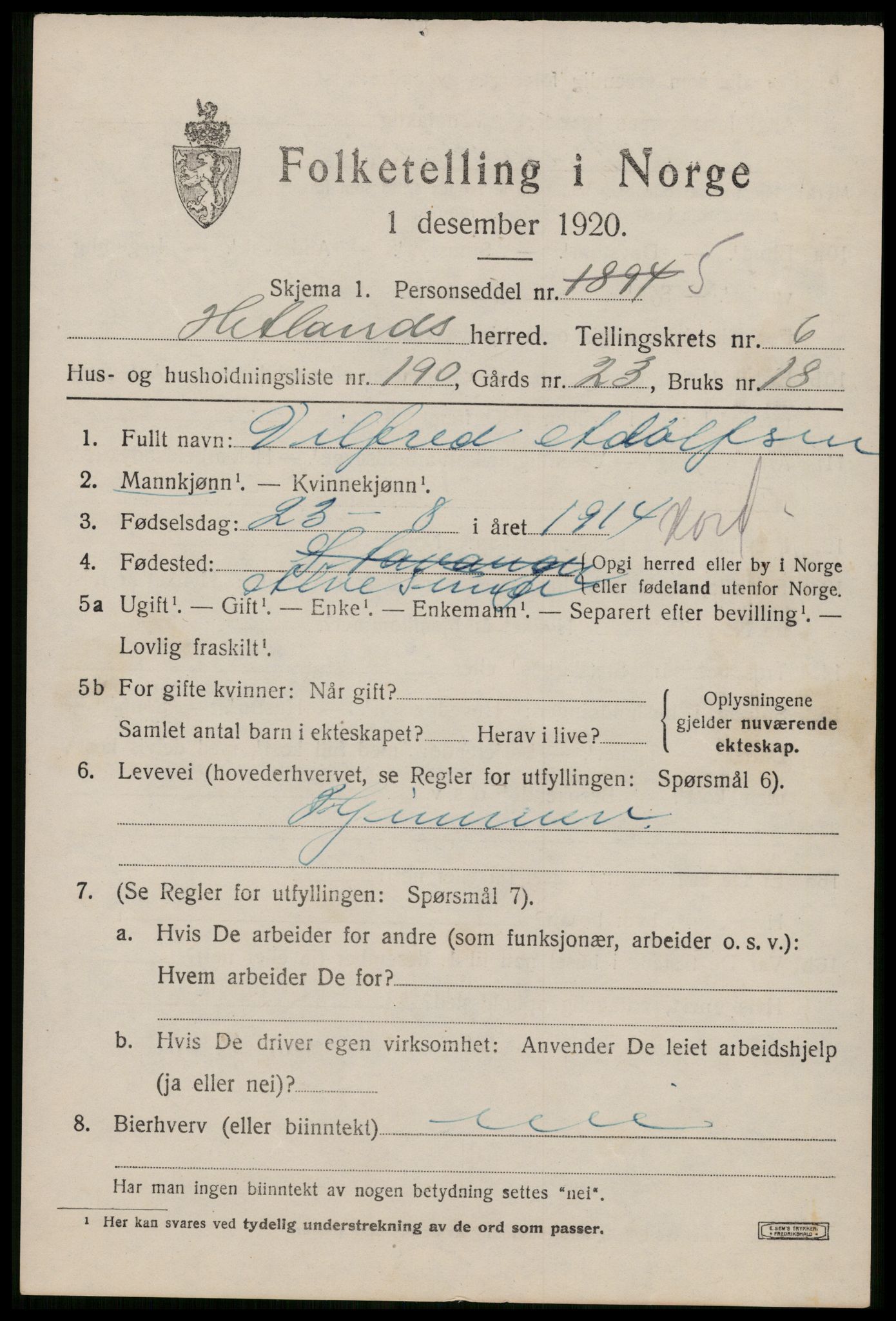 SAST, 1920 census for Hetland, 1920, p. 13251