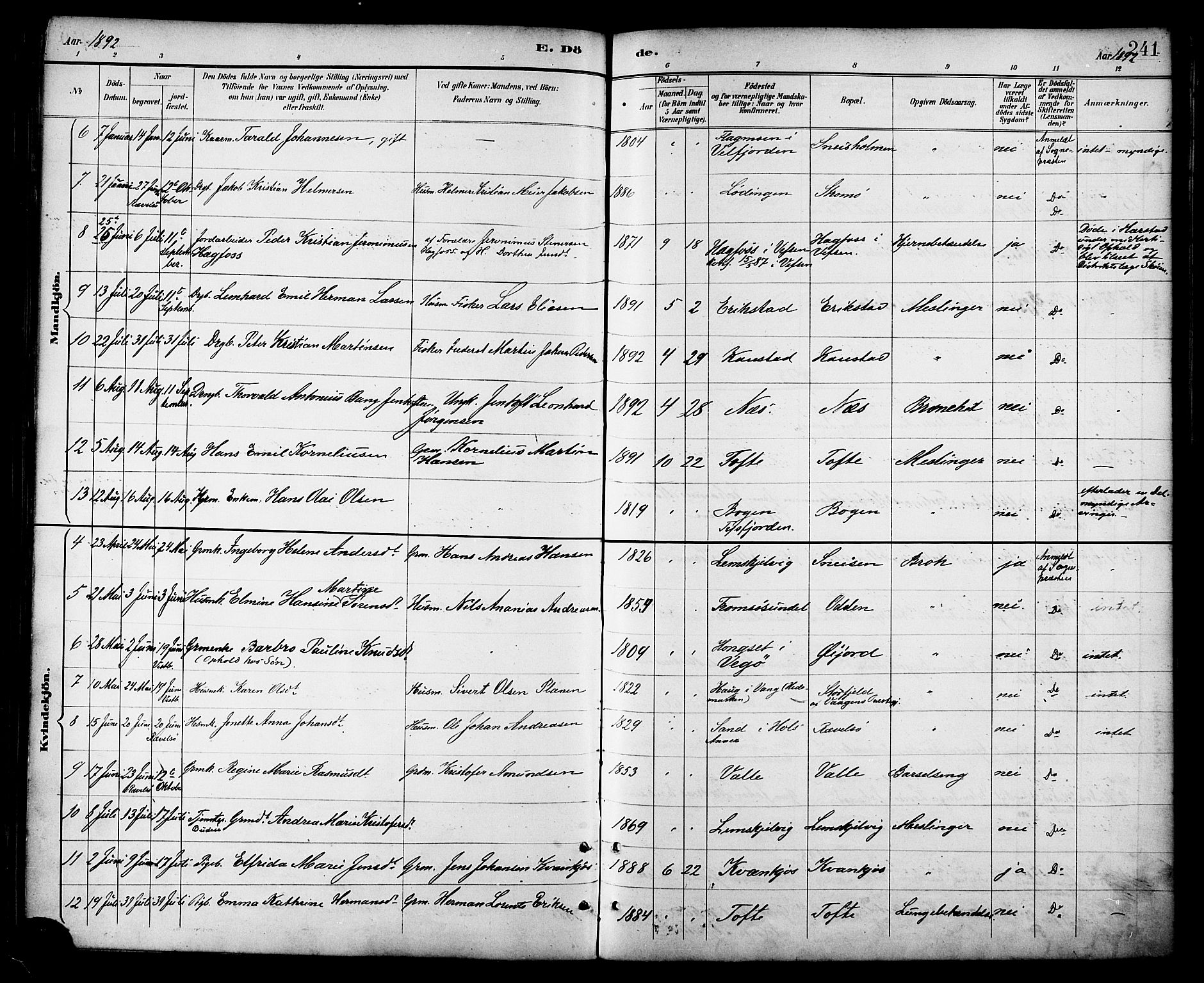 Ministerialprotokoller, klokkerbøker og fødselsregistre - Nordland, AV/SAT-A-1459/872/L1035: Parish register (official) no. 872A10, 1884-1896, p. 241