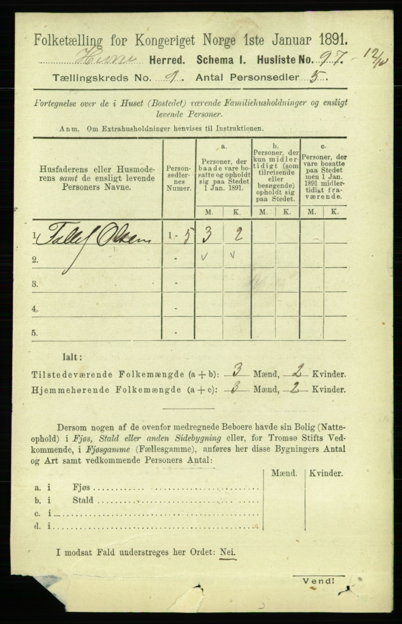 RA, 1891 census for 1612 Hemne, 1891, p. 5738