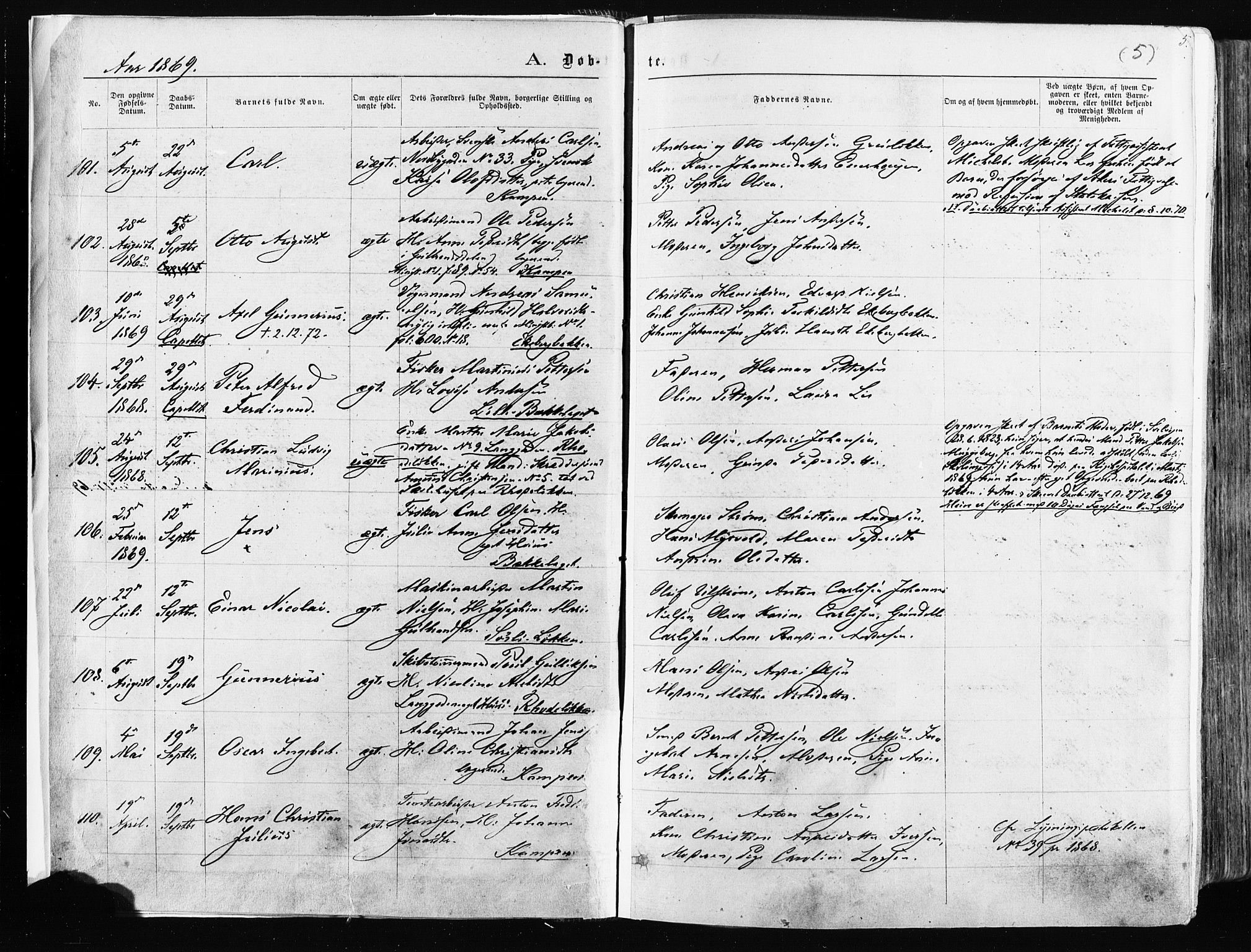 Østre Aker prestekontor Kirkebøker, SAO/A-10840/F/Fa/L0003: Parish register (official) no. I 3, 1869-1875, p. 5