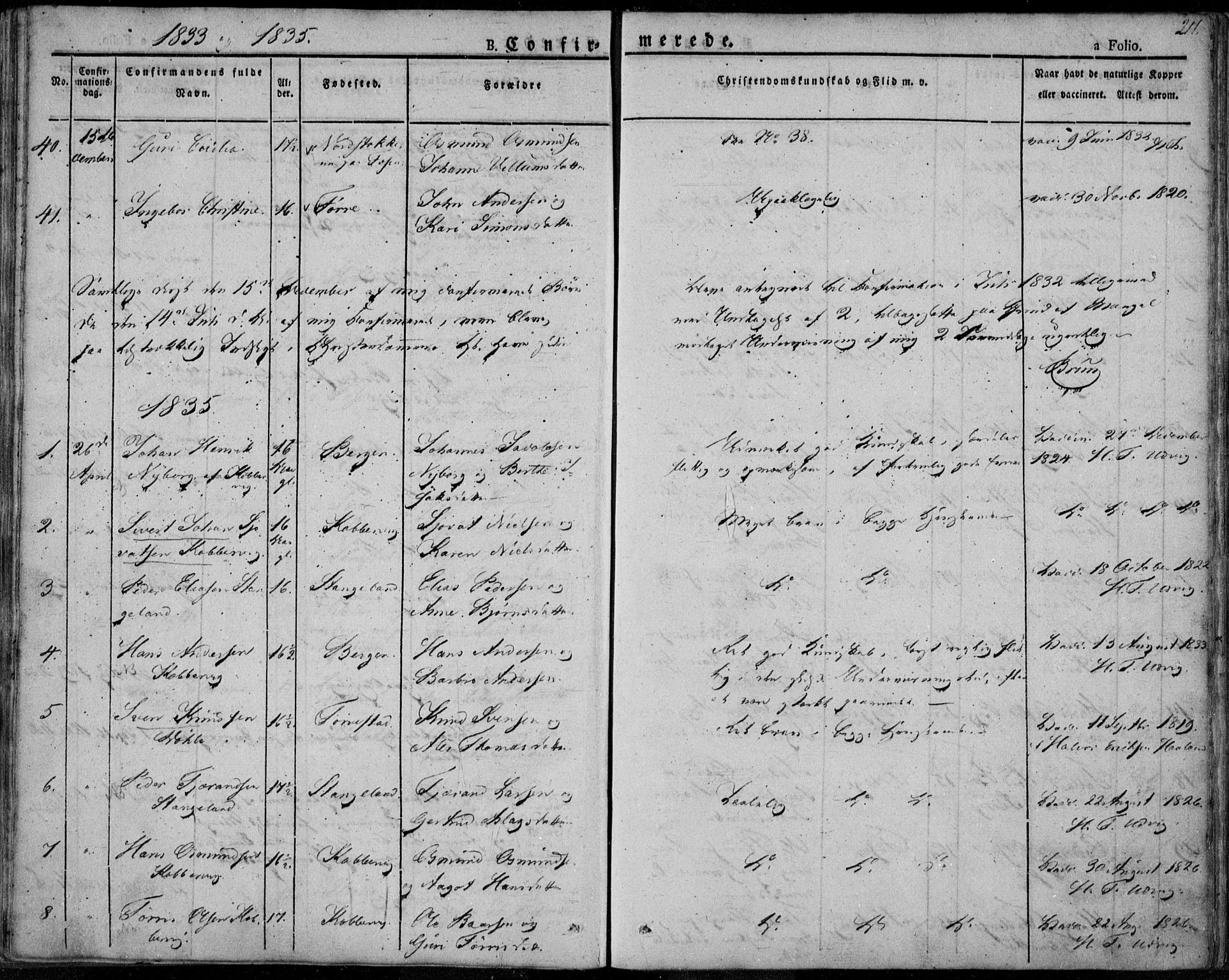 Avaldsnes sokneprestkontor, SAST/A -101851/H/Ha/Haa/L0005: Parish register (official) no. A 5.1, 1825-1841, p. 211