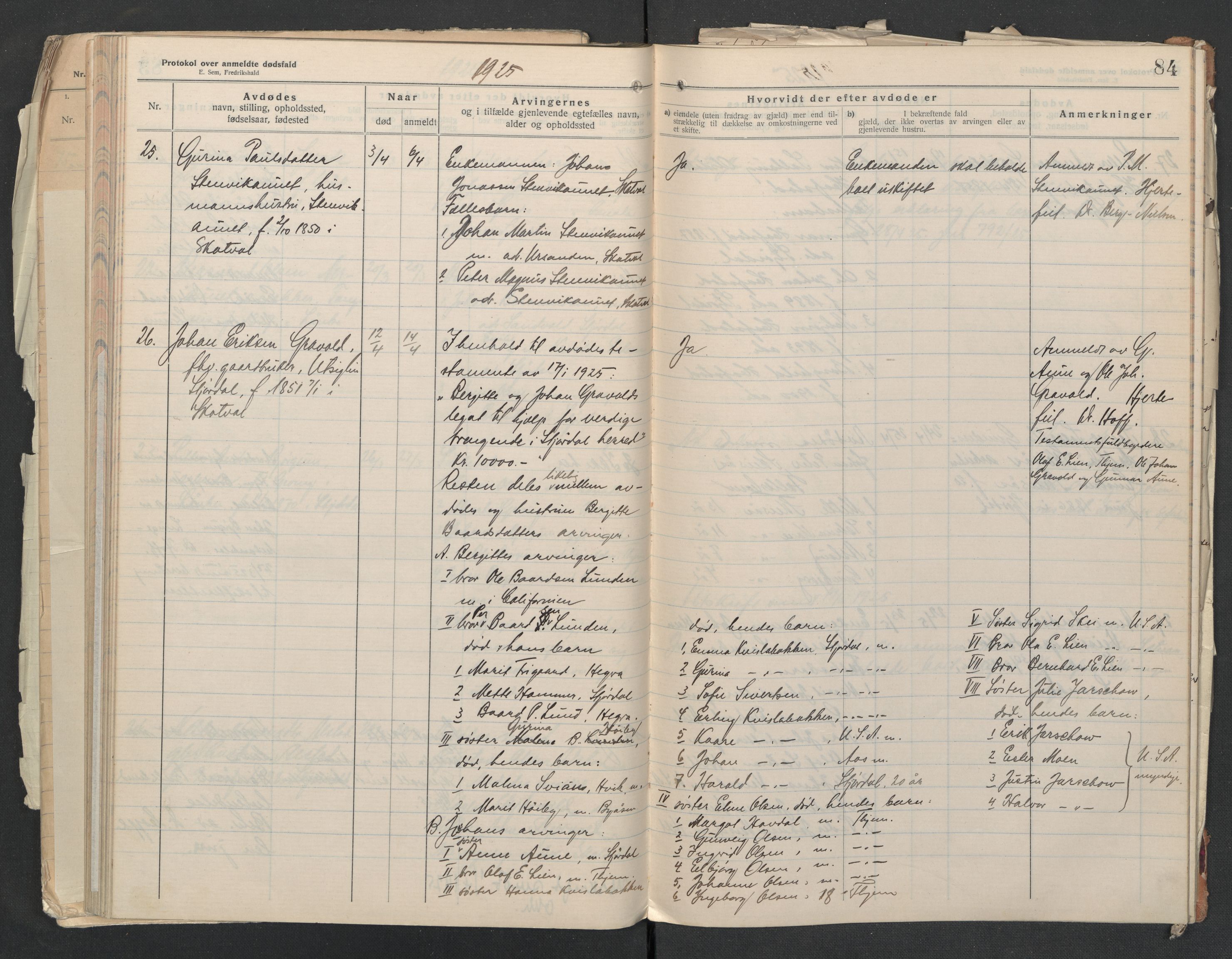 Nedre Stjørdal lensmannskontor, AV/SAT-A-1044/02/L0005: 2.01.05 Dødsfallsprotokoller, 1921-1928, p. 84