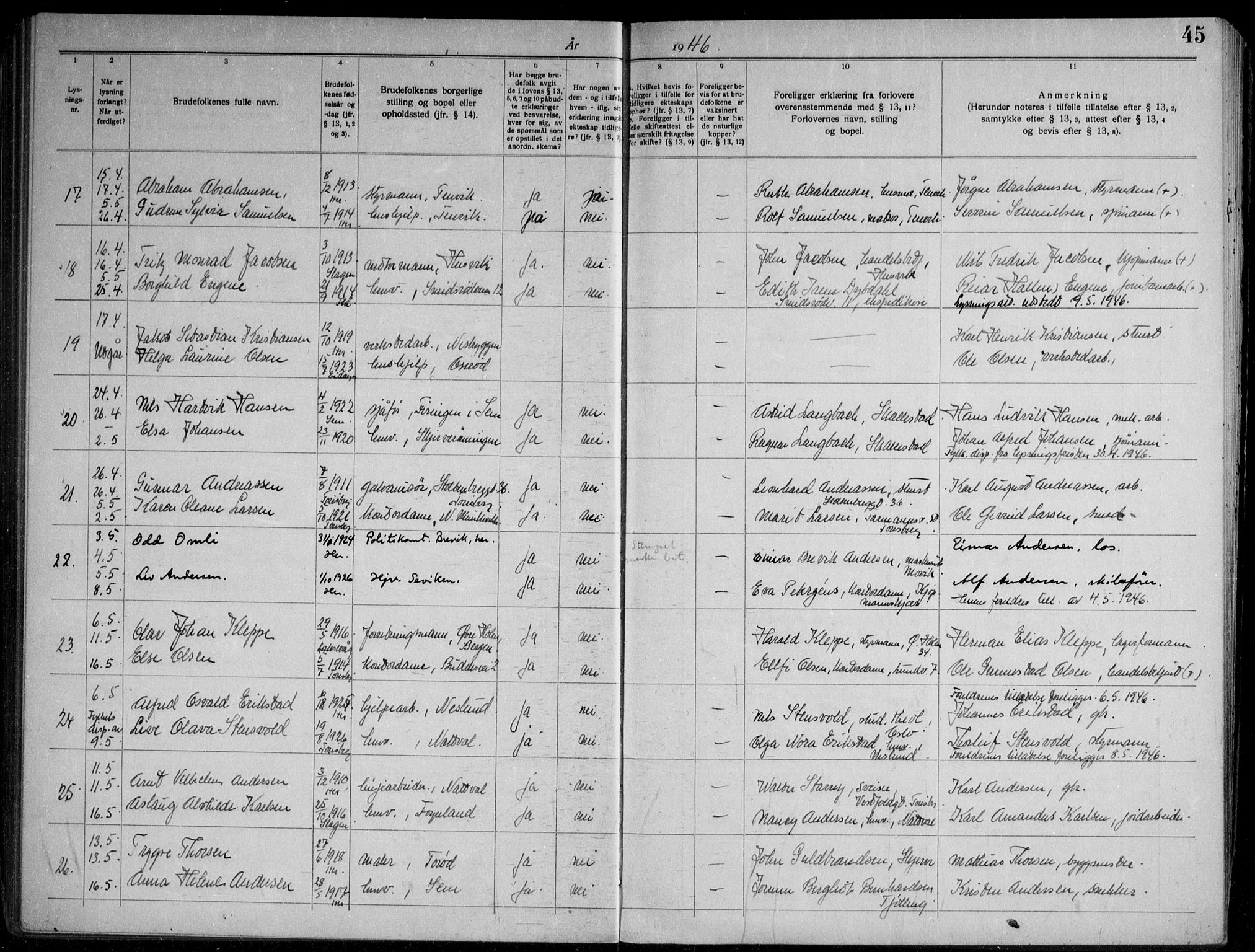 Nøtterøy kirkebøker, AV/SAKO-A-354/H/Ha/L0002: Banns register no. 2, 1937-1952, p. 45