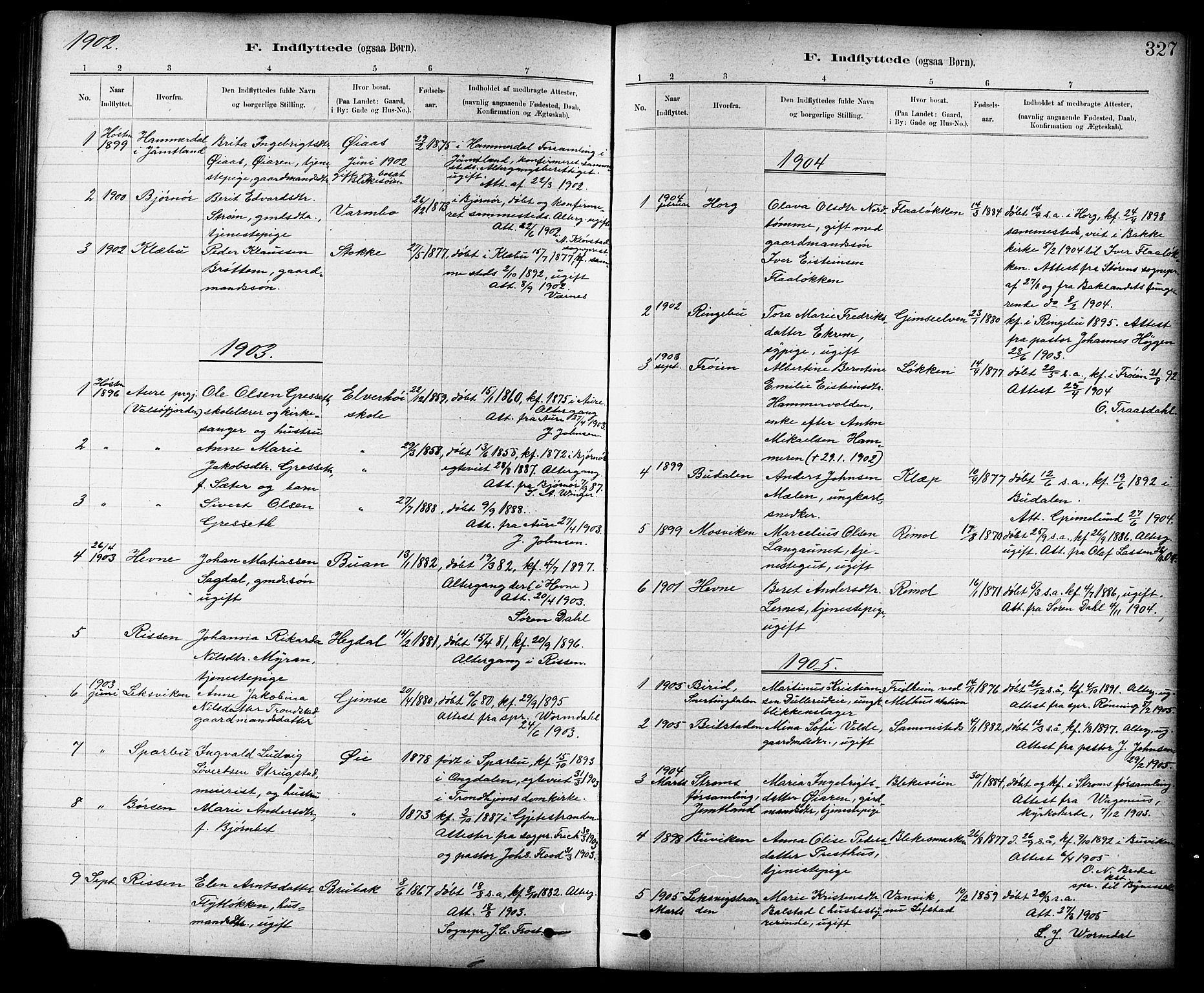 Ministerialprotokoller, klokkerbøker og fødselsregistre - Sør-Trøndelag, SAT/A-1456/691/L1094: Parish register (copy) no. 691C05, 1879-1911, p. 327