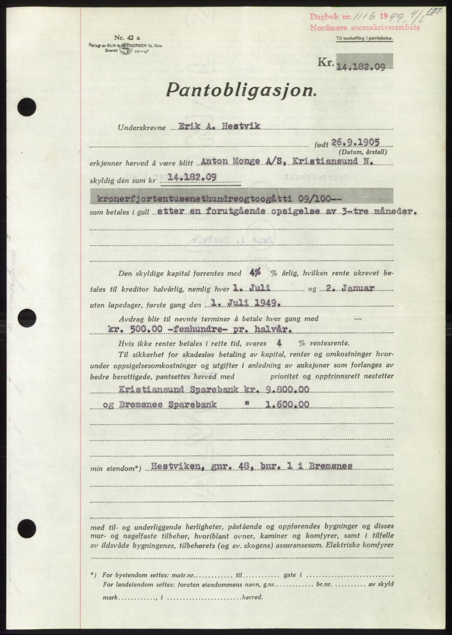 Nordmøre sorenskriveri, AV/SAT-A-4132/1/2/2Ca: Mortgage book no. B101, 1949-1949, Diary no: : 1116/1949