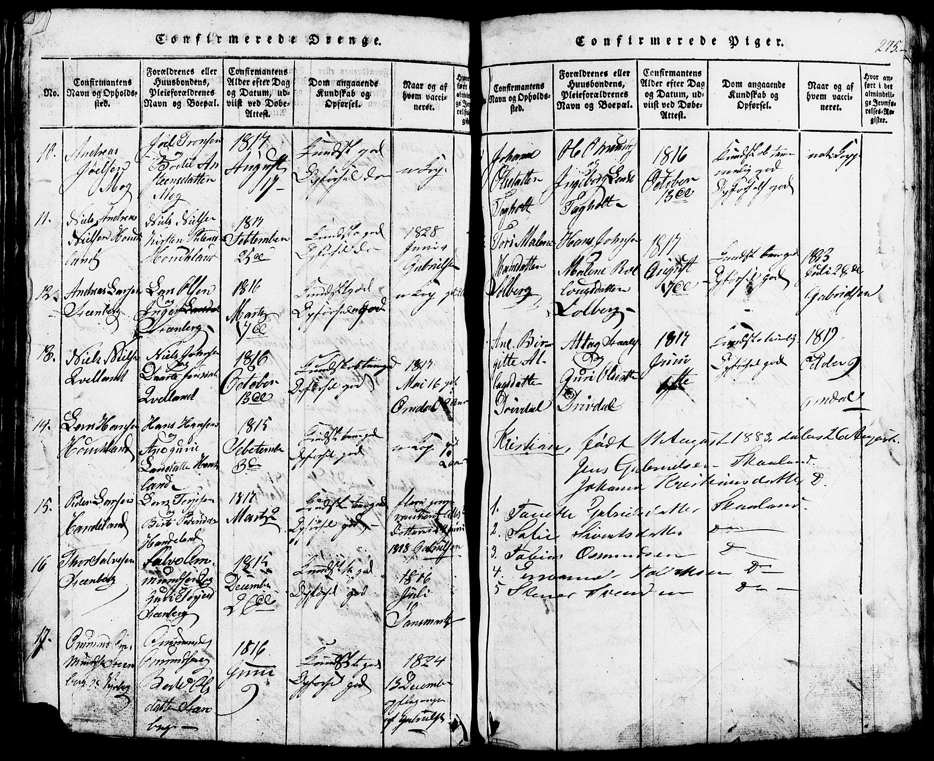 Lund sokneprestkontor, AV/SAST-A-101809/S07/L0002: Parish register (copy) no. B 2, 1816-1832, p. 275