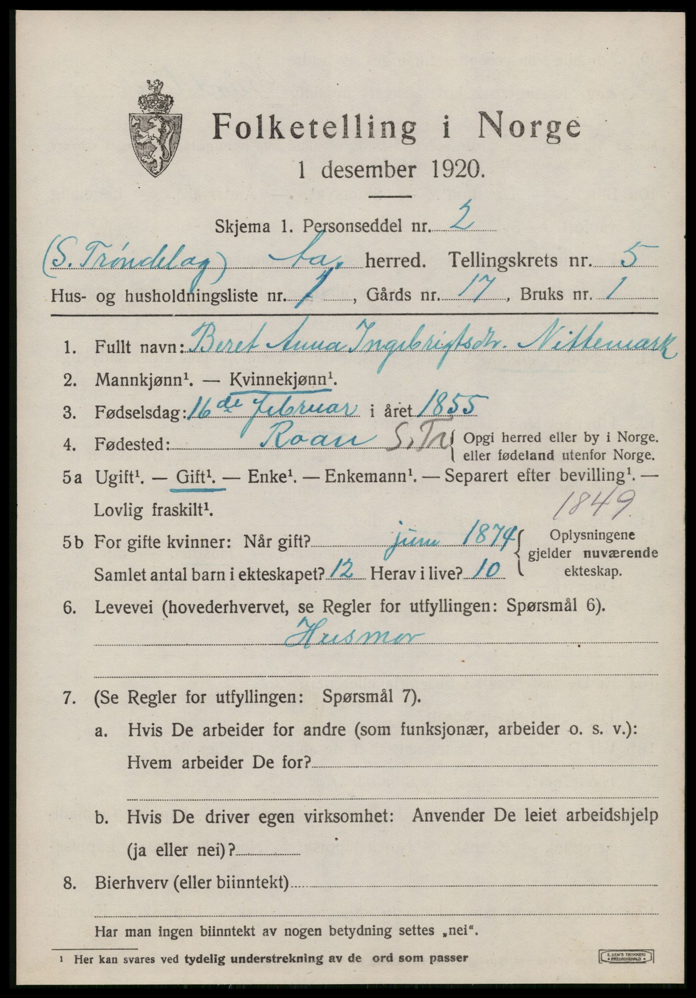 SAT, 1920 census for Å, 1920, p. 2216