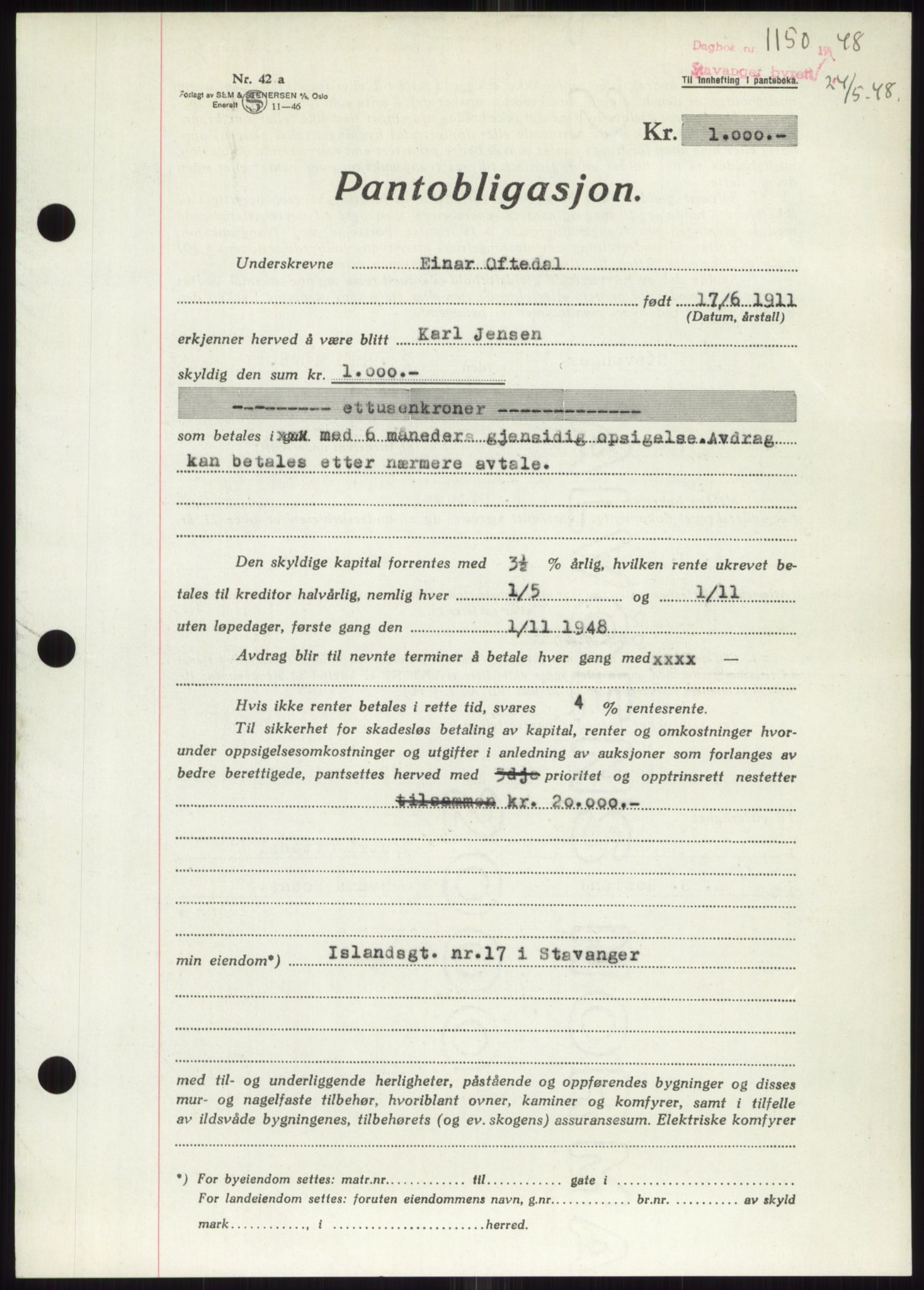 Stavanger byrett, SAST/A-100455/002/G/Gb/L0032: Mortgage book, 1947-1950, Diary no: : 1150/1948