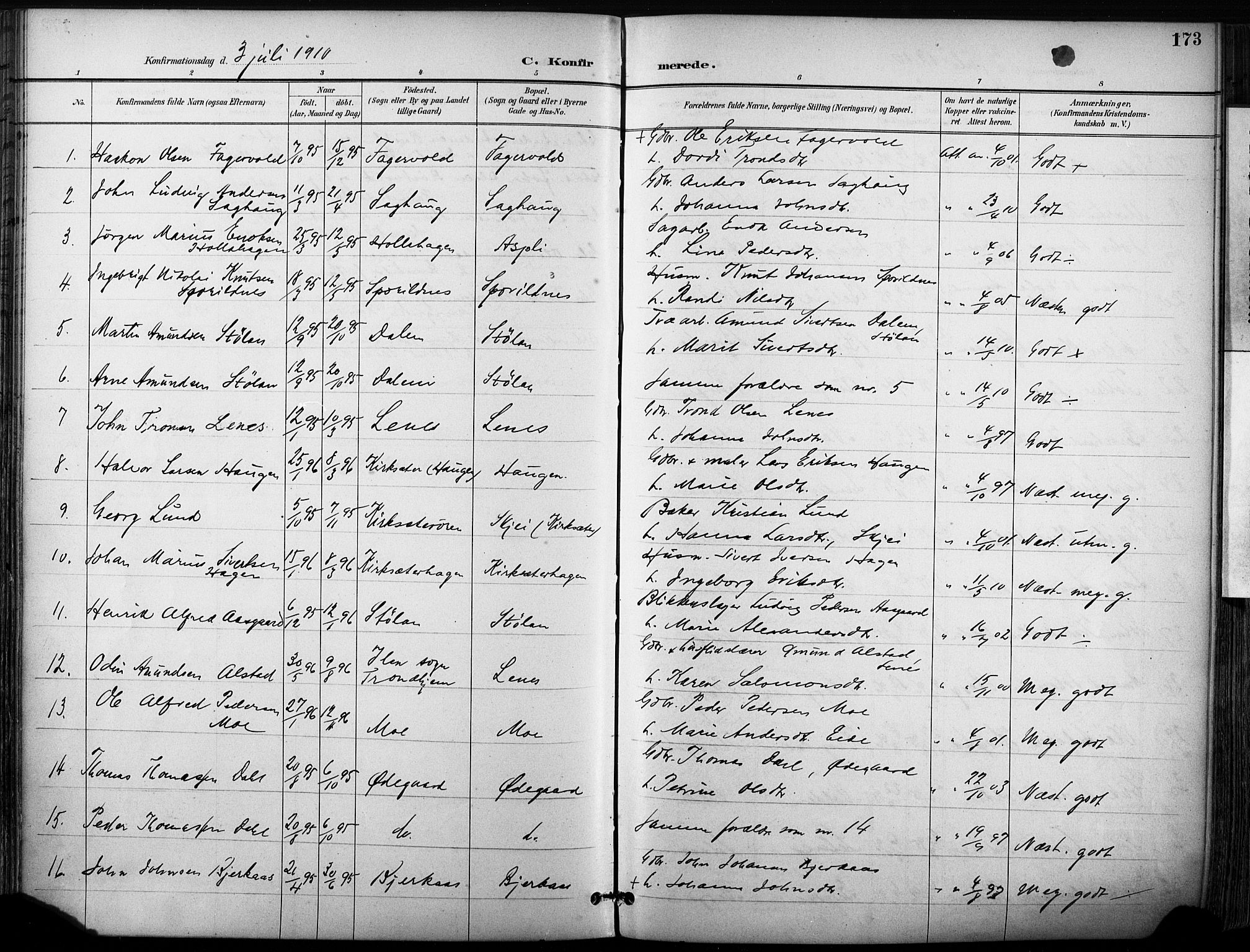 Ministerialprotokoller, klokkerbøker og fødselsregistre - Sør-Trøndelag, SAT/A-1456/630/L0497: Parish register (official) no. 630A10, 1896-1910, p. 173