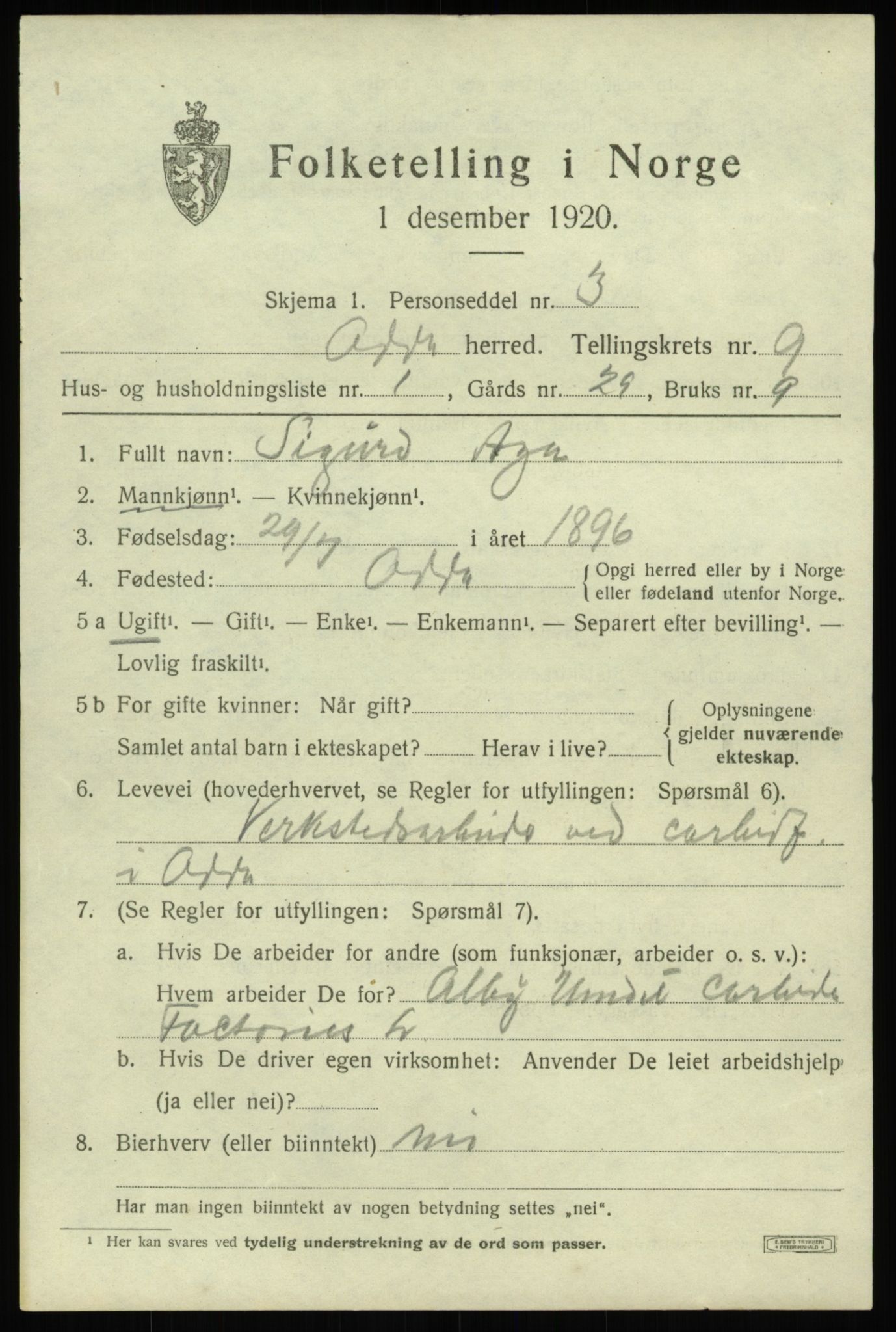 SAB, 1920 census for Odda, 1920, p. 7383