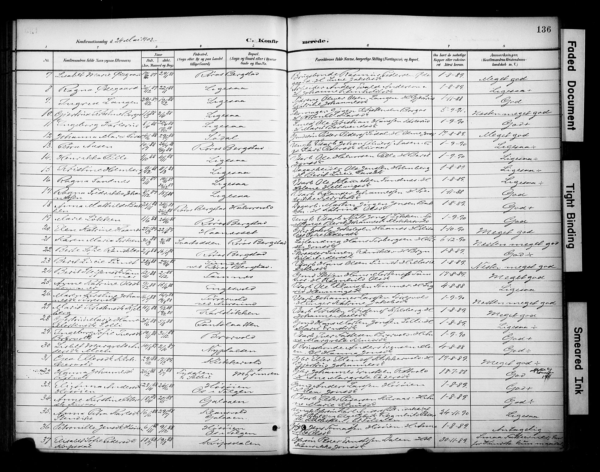 Ministerialprotokoller, klokkerbøker og fødselsregistre - Sør-Trøndelag, AV/SAT-A-1456/681/L0936: Parish register (official) no. 681A14, 1899-1908, p. 136