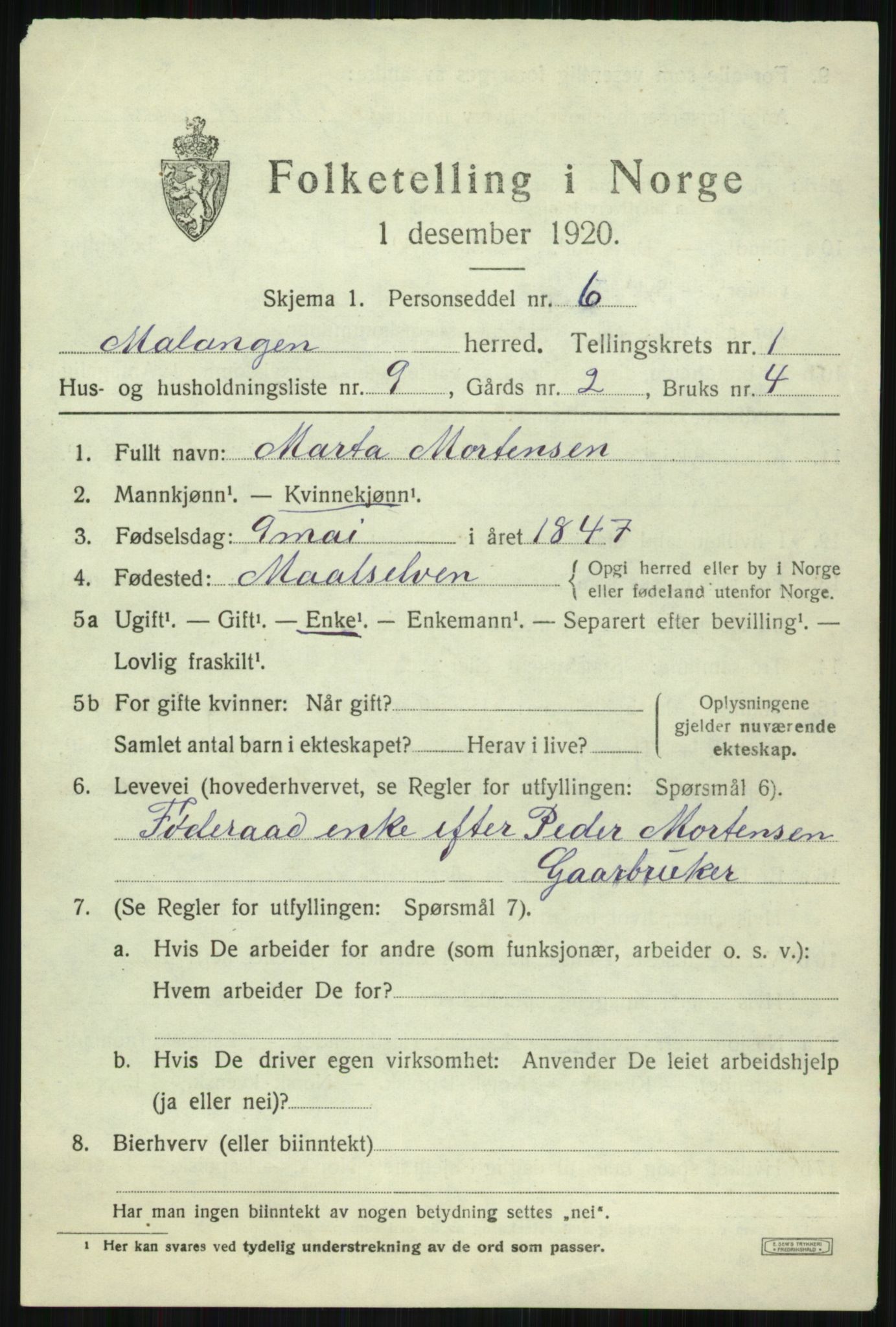 SATØ, 1920 census for Malangen, 1920, p. 810