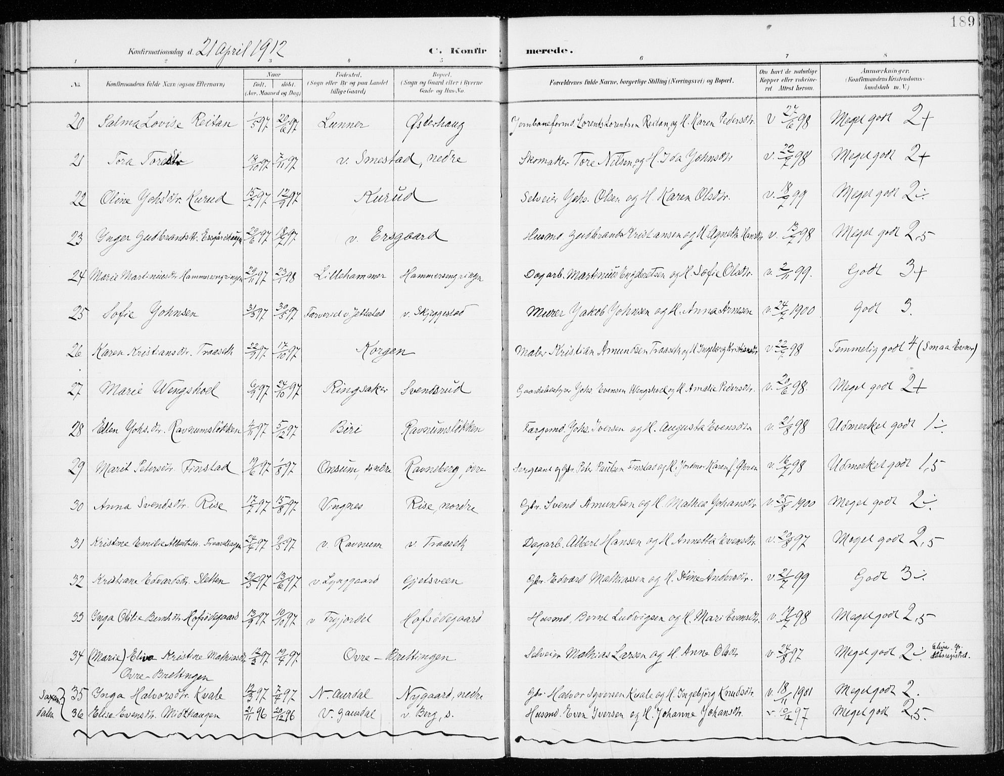 Fåberg prestekontor, AV/SAH-PREST-086/H/Ha/Haa/L0011: Parish register (official) no. 11, 1899-1913, p. 189