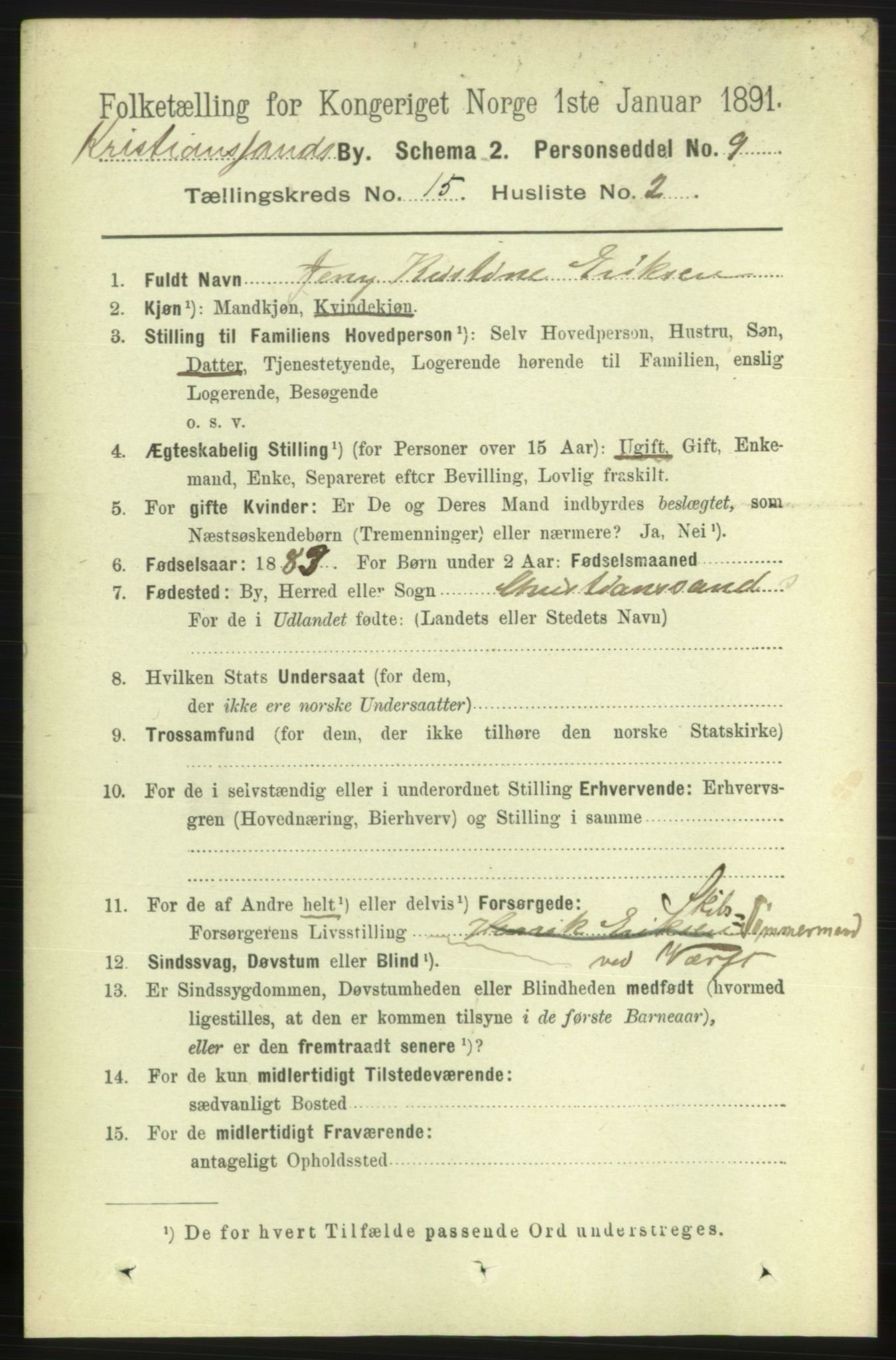 RA, 1891 census for 1001 Kristiansand, 1891, p. 6330