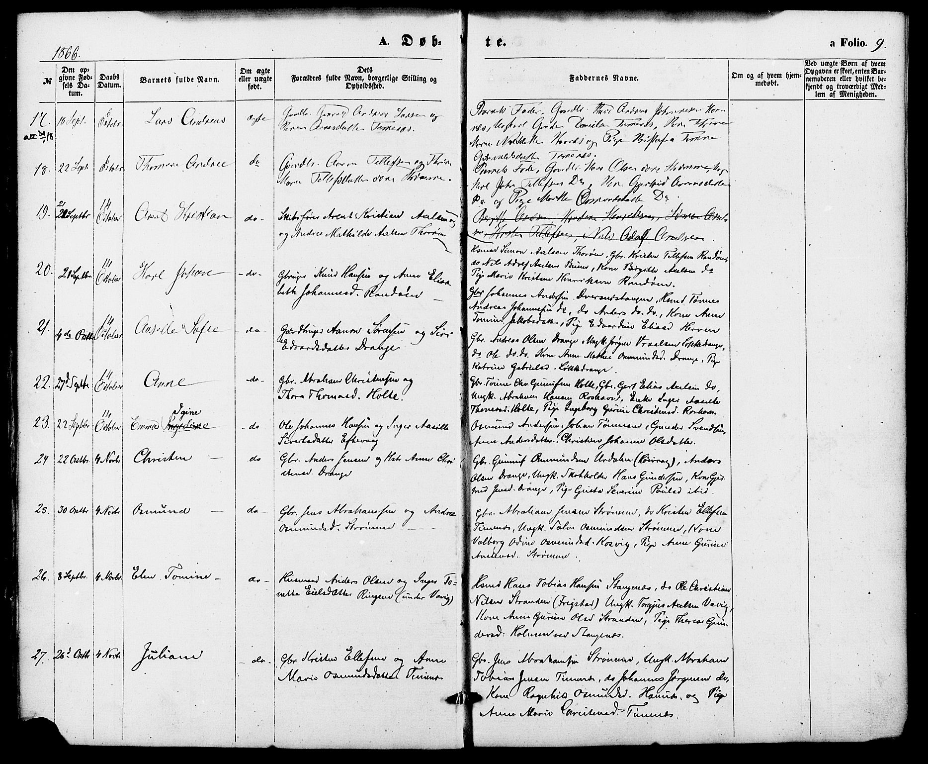 Oddernes sokneprestkontor, SAK/1111-0033/F/Fa/Fab/L0001: Parish register (official) no. A 1, 1865-1884, p. 9